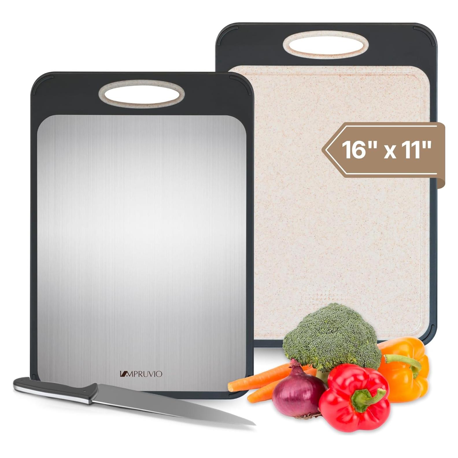 Double-Sided Cutting Board for Kitchen 16”×11” – Food-Grade Stainless Steel & Wheat Straw PP Board, Easy-To-Clean, Dishwasher Safe, Non-Toxic, Knife-Friendly, Scratch & Rust-Resistant, Non-Slip Design