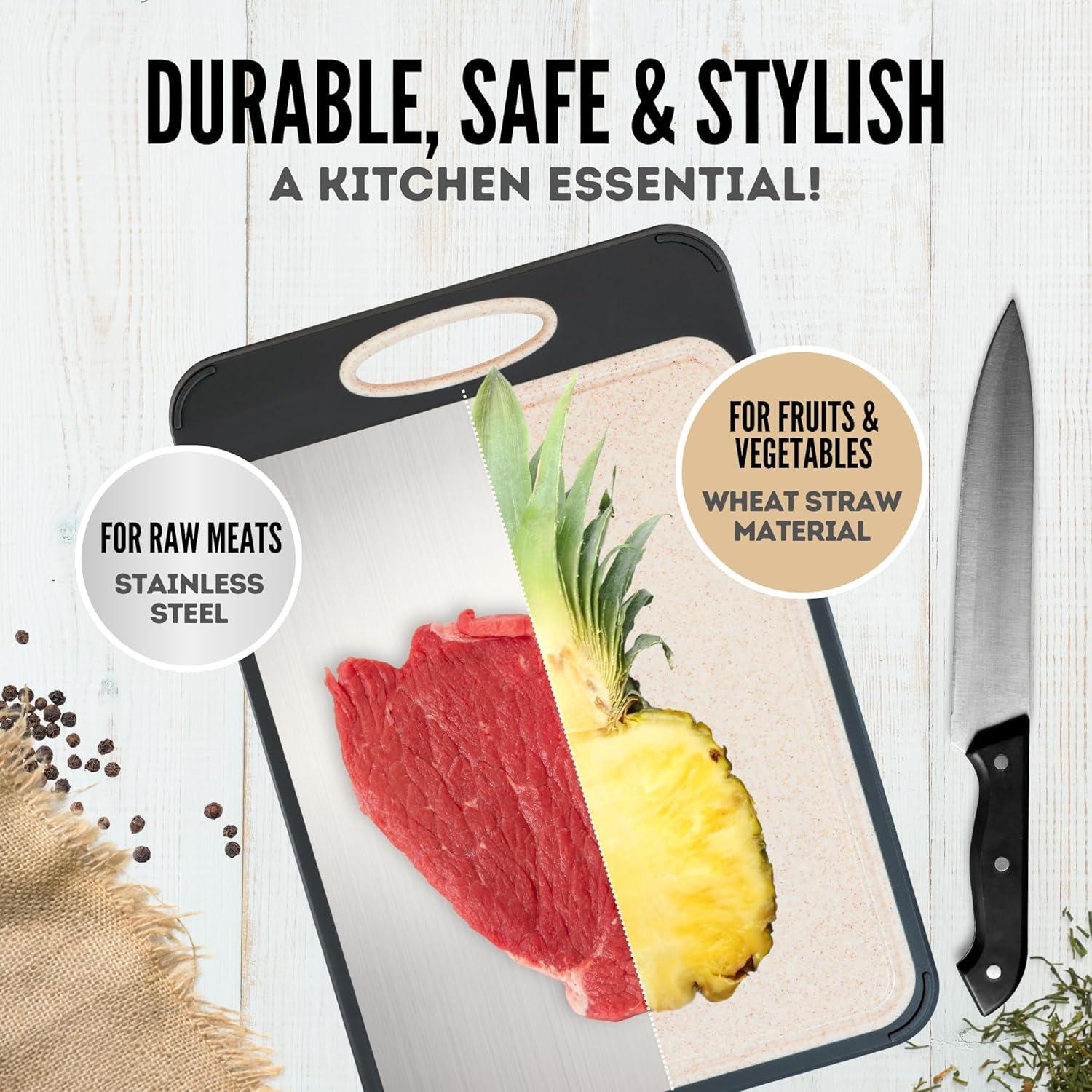 Double-Sided Cutting Board for Kitchen 16”×11” – Food-Grade Stainless Steel & Wheat Straw PP Board, Easy-To-Clean, Dishwasher Safe, Non-Toxic, Knife-Friendly, Scratch & Rust-Resistant, Non-Slip Design
