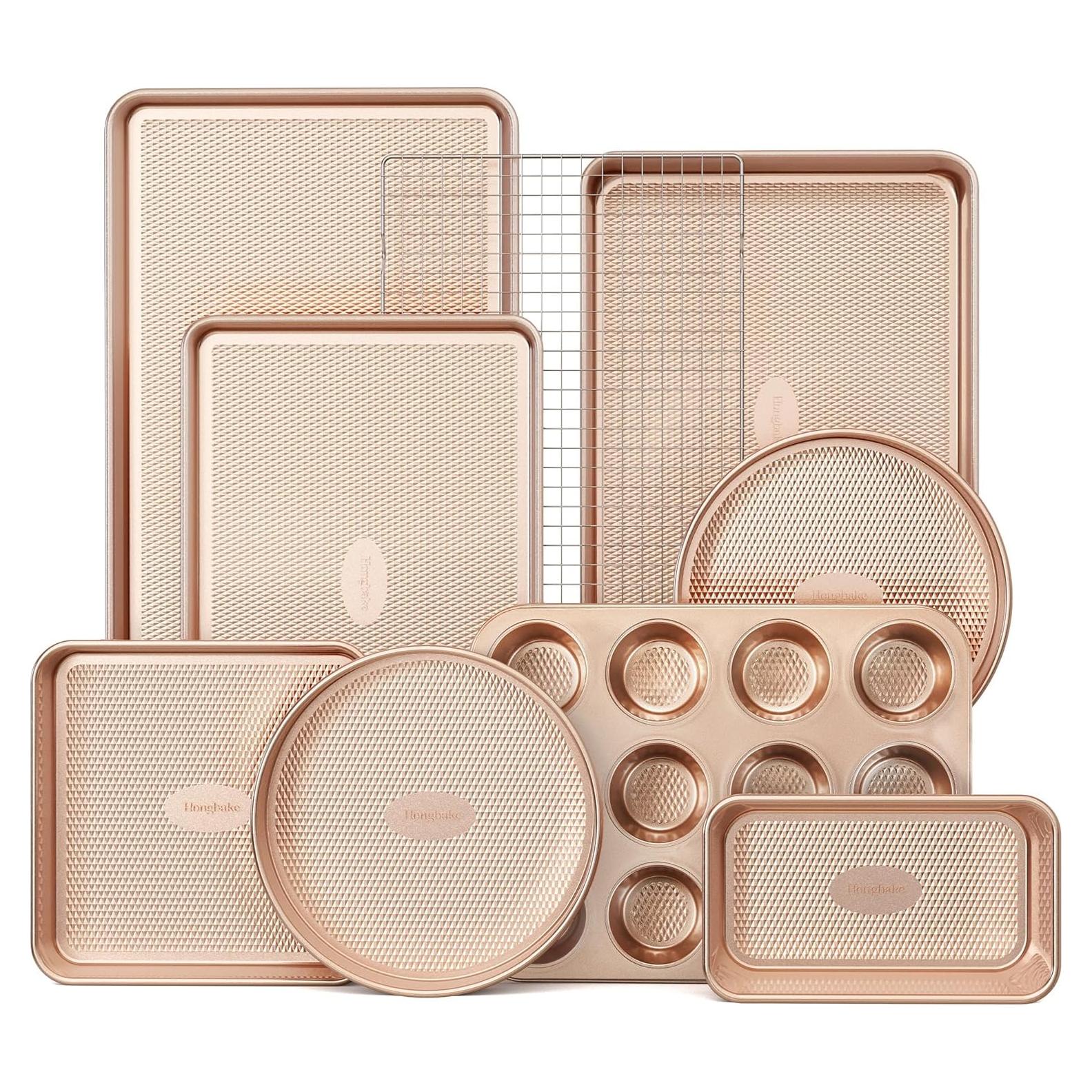 9-Piece Baking Pans Set Nonstick, Stackable Non Toxic Bakeware Sets with Diamond Texture, Oven Pan Set for Cooking, Includes Cookie Sheet with Rack, Cake Pan, Roasting Pan, Muffin Tin, Gold