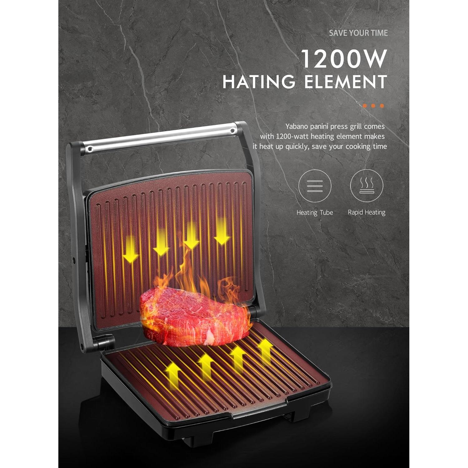 Prensa Panini Yabano 1200W Acero Inoxidable Antiadherente