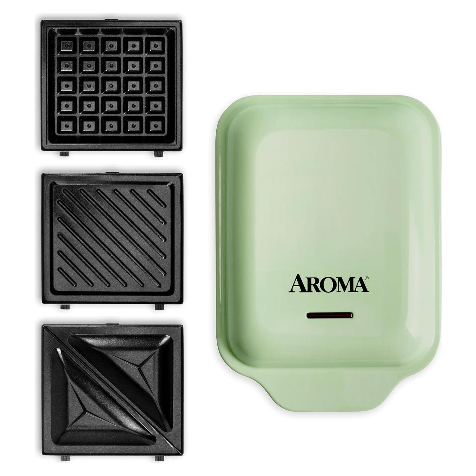 Máquina 3-en-1 AROMA: Waffles, Panini y Parrilla Verde