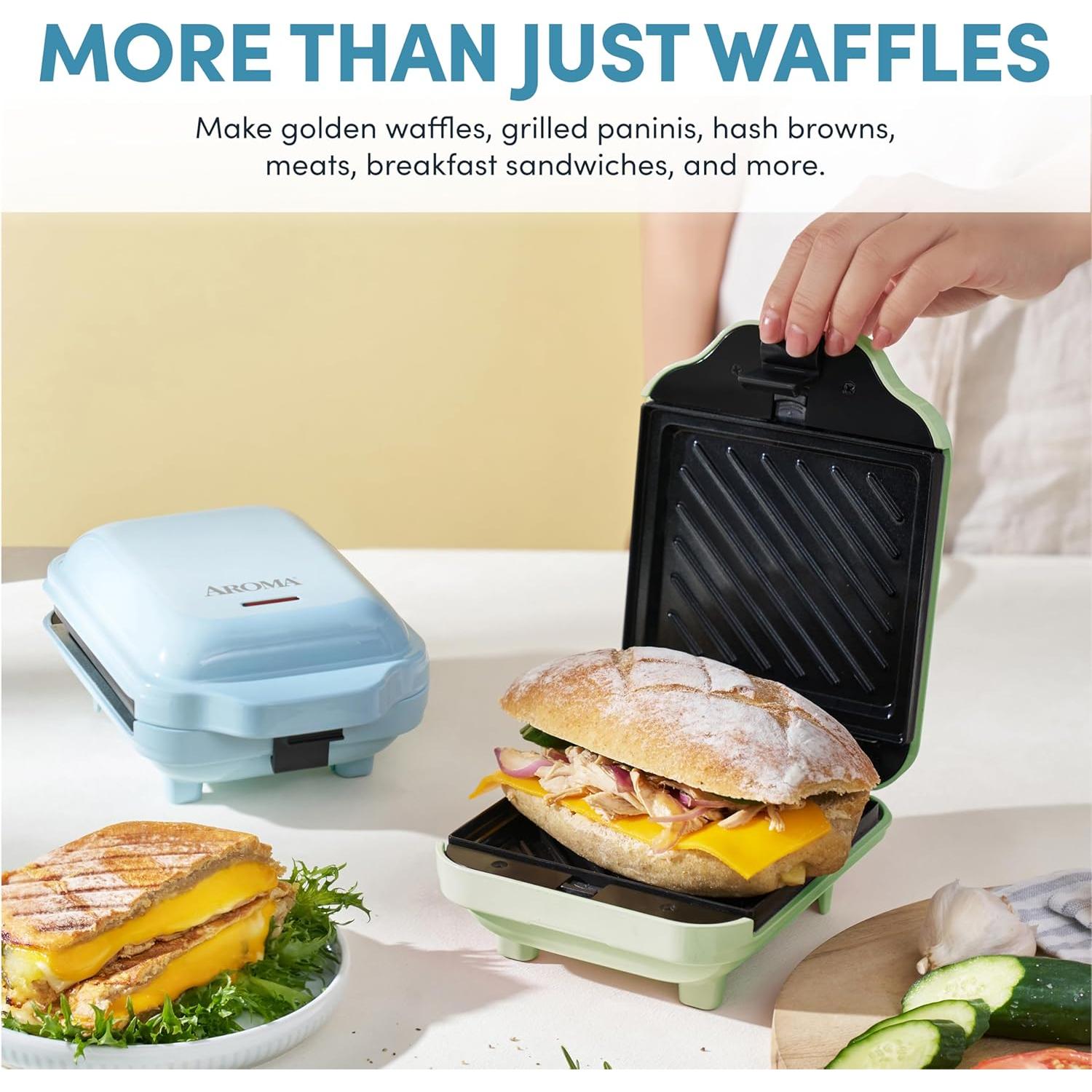 Máquina 3-en-1 AROMA: Waffles, Panini y Parrilla Verde