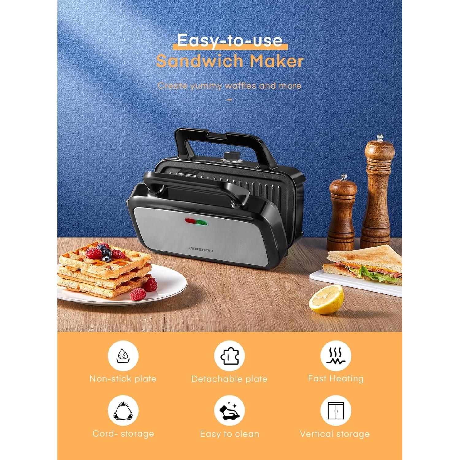 Sandwichera 3 en 1 HOUSNAT 1200W Placas Intercambiables Negro