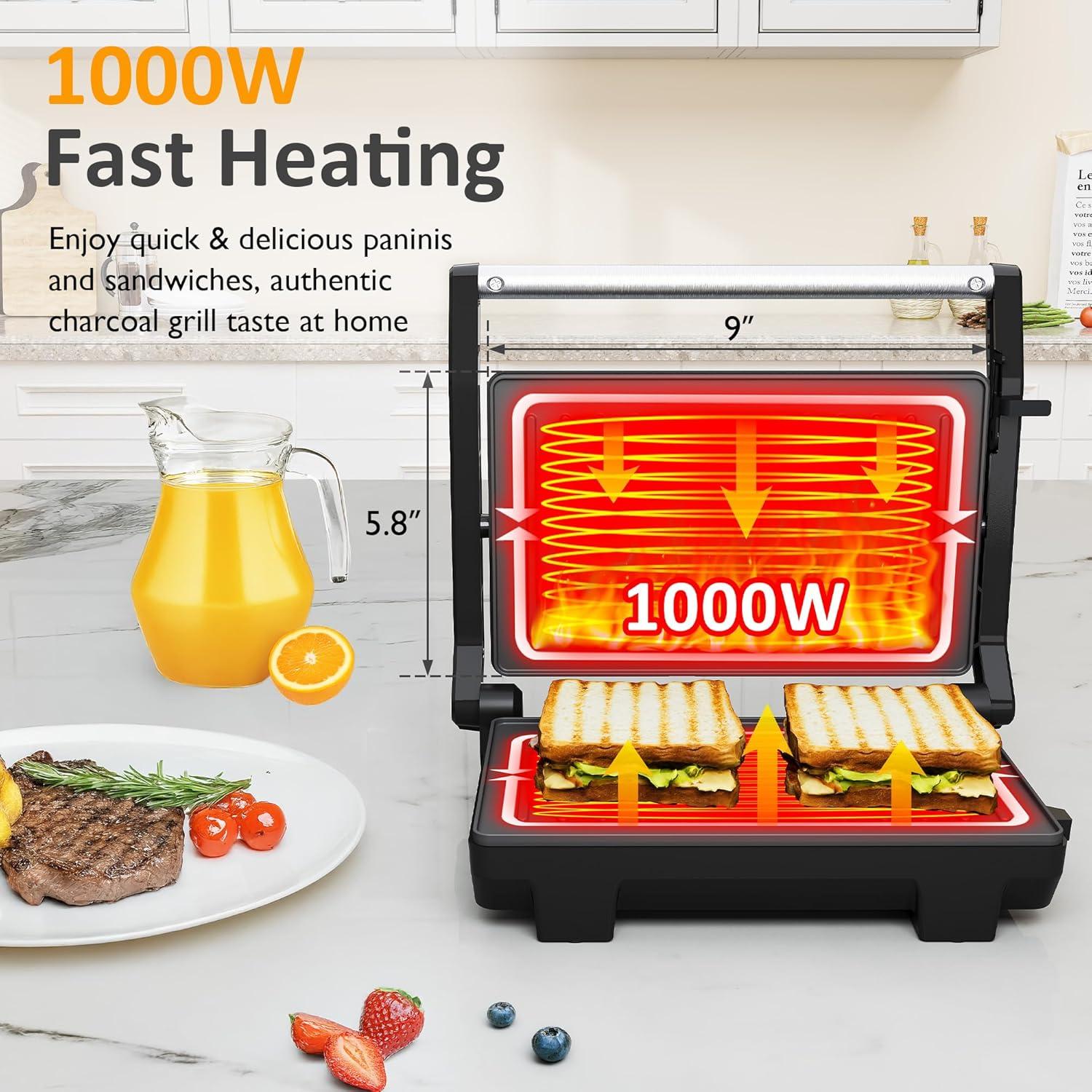 Prensa Panini Eléctrica SUNVIVI 1000W Doble Cara Antiadhesiva