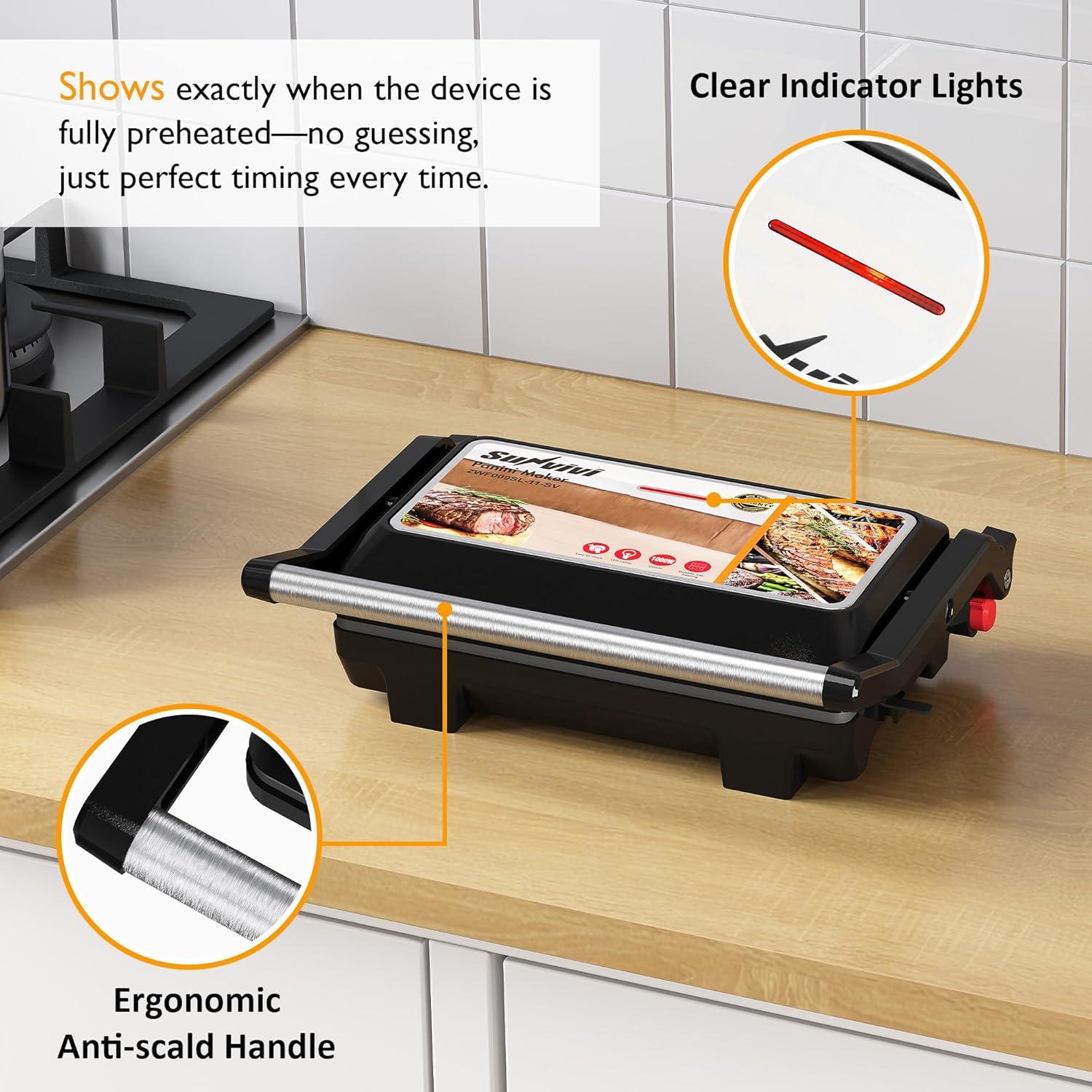 Prensa Panini Eléctrica SUNVIVI 1000W Doble Cara Antiadhesiva