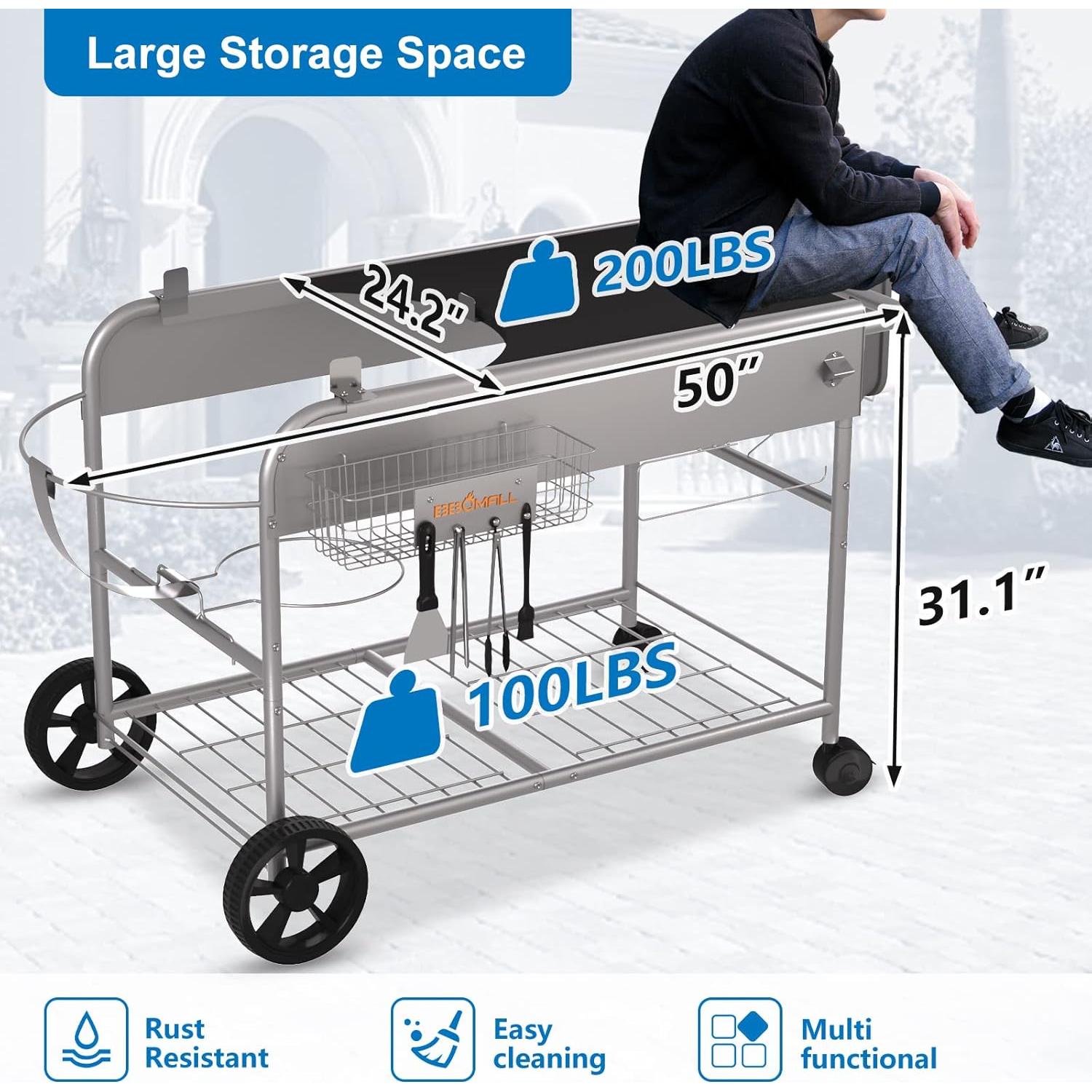 Carrito de Parrilla BBQMall para Weber 22" y 18" - Mesa de Preparación Exterior