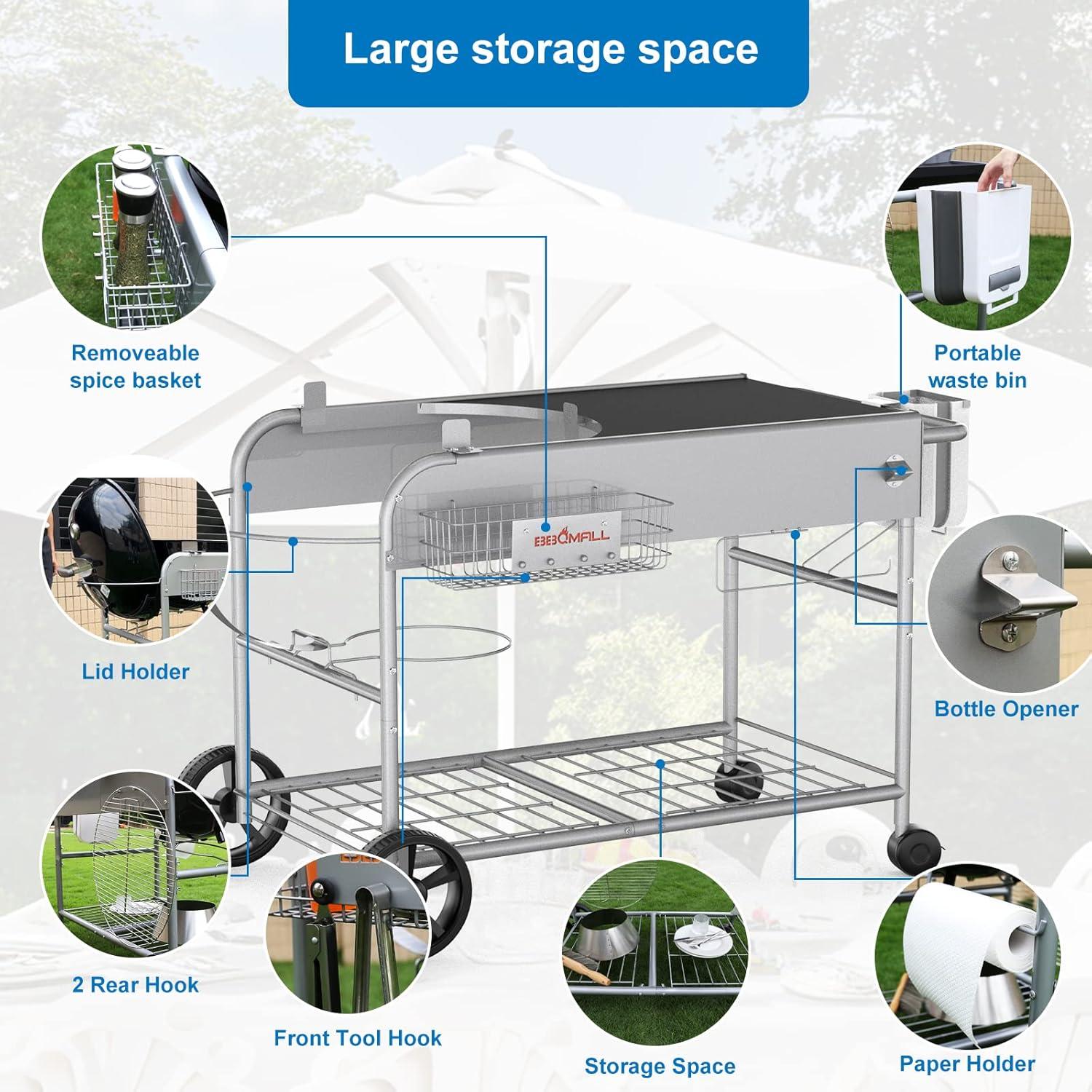 Carrito de Parrilla BBQMall para Weber 22" y 18" - Mesa de Preparación Exterior