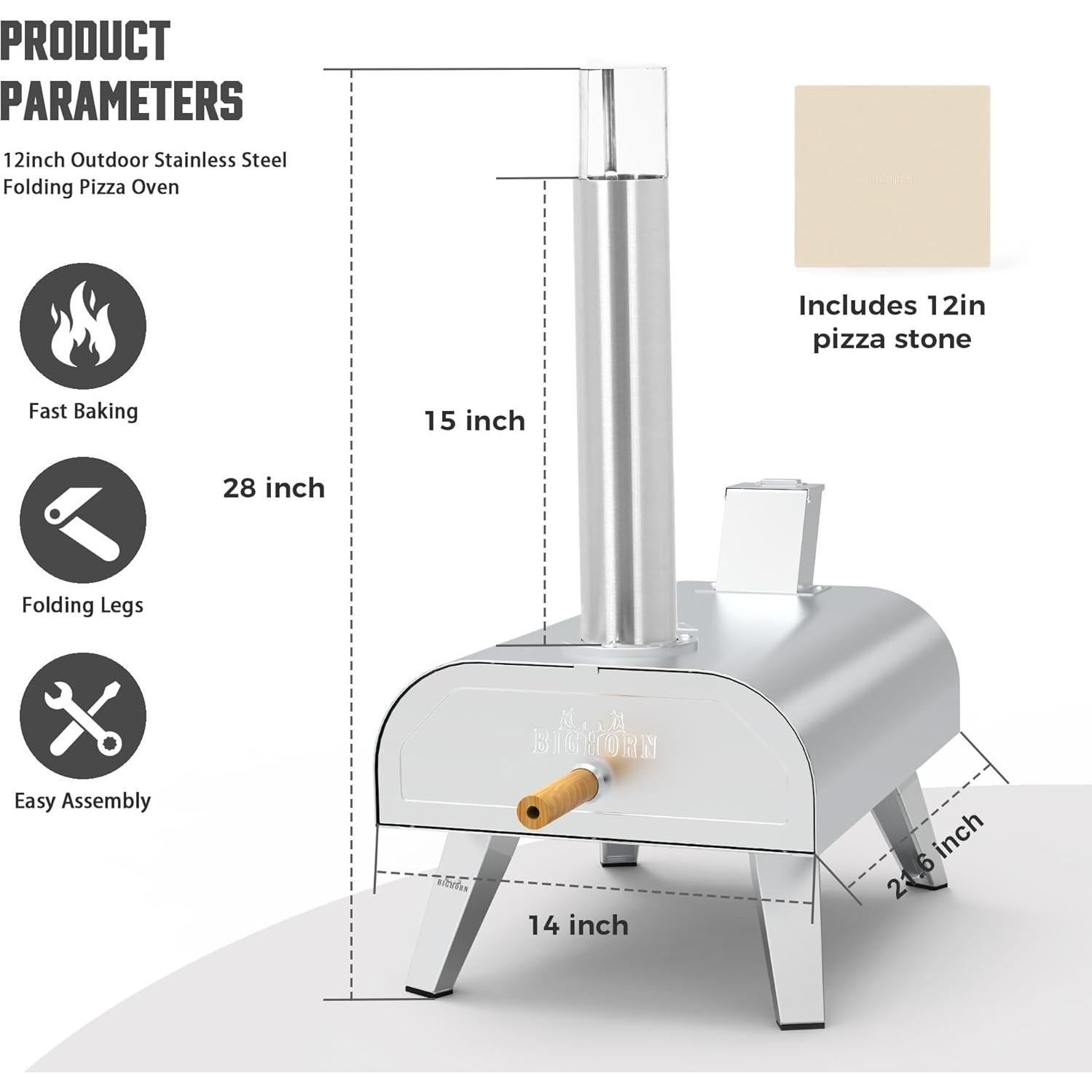 Horno de Pizza Big Horn Outdoors 12" Acero Inoxidable Portátil