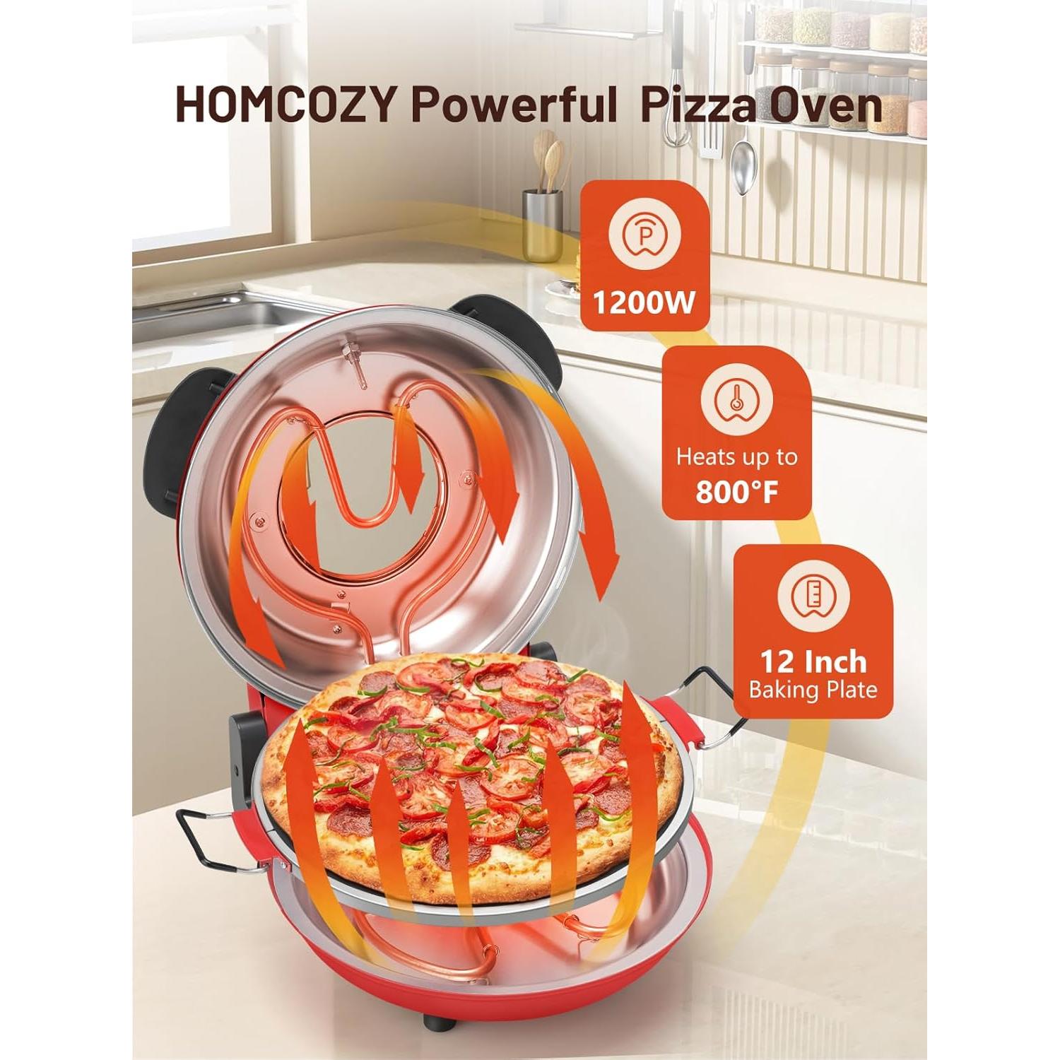 Horno de Pizza Eléctrico HomCozy 12" con Piedra Cerámica 1200W