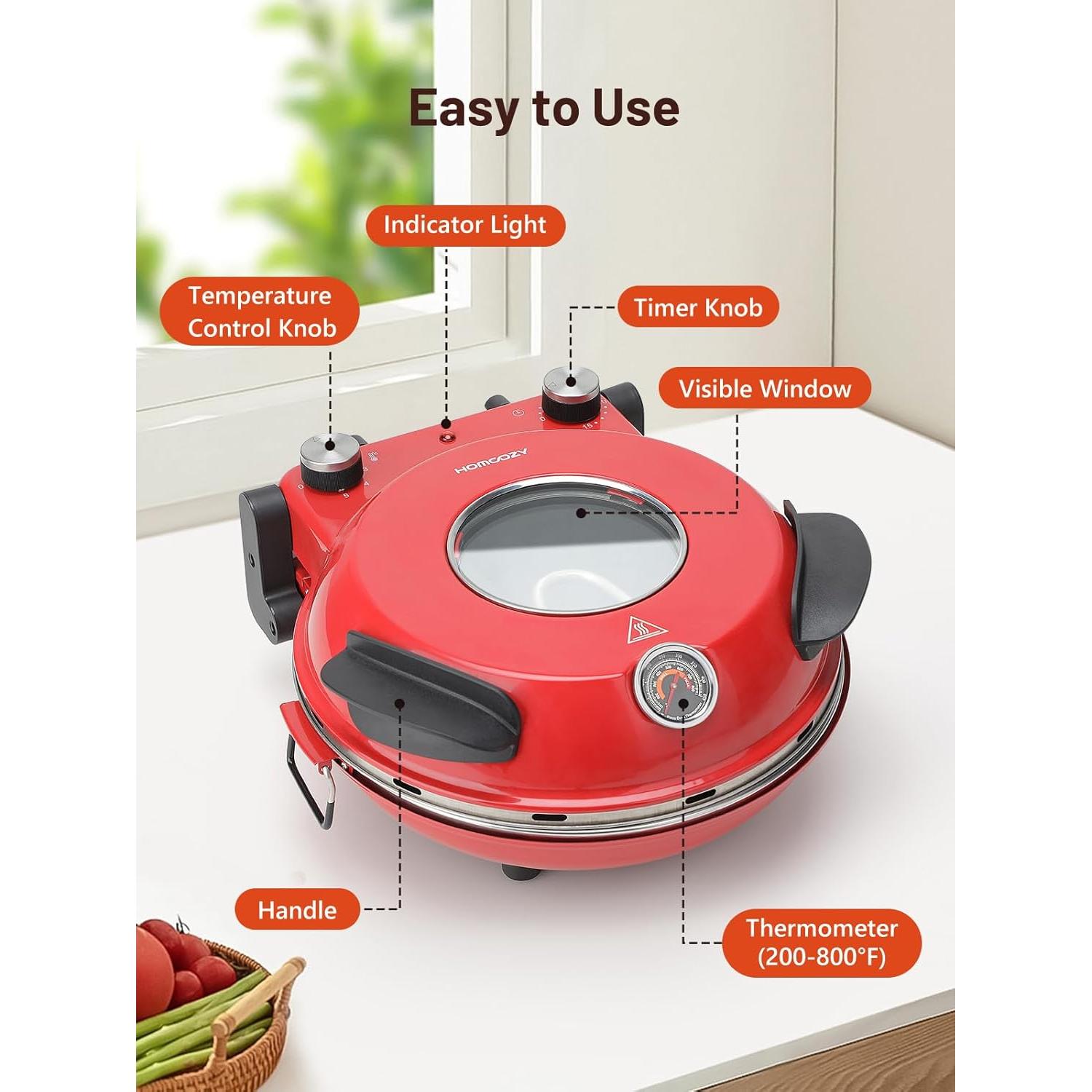 Horno de Pizza Eléctrico HomCozy 12" con Piedra Cerámica 1200W