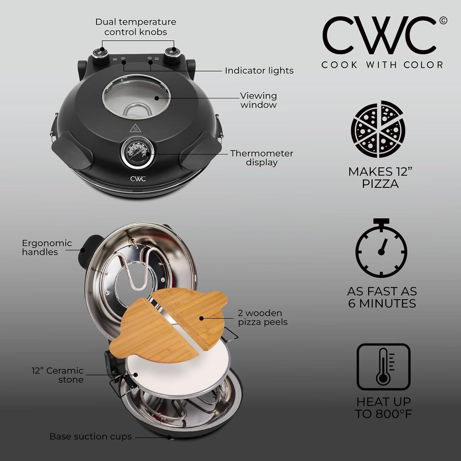 Horno Eléctrico de Pizza Cocina Con Color WPM2 30 cm Negro