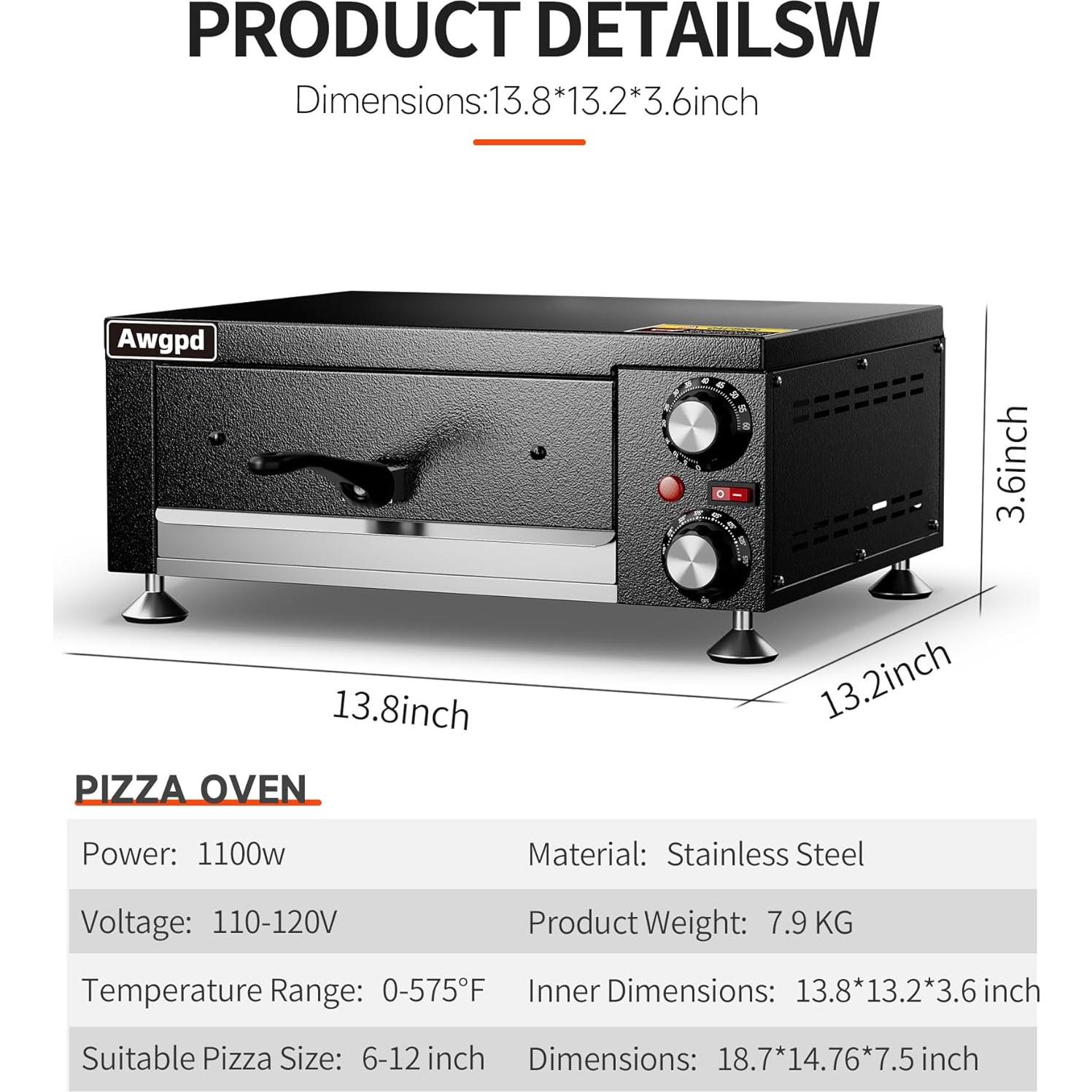 Horno de Pizza Eléctrico Awgpd 10.89 kg Acero Inoxidable Negro