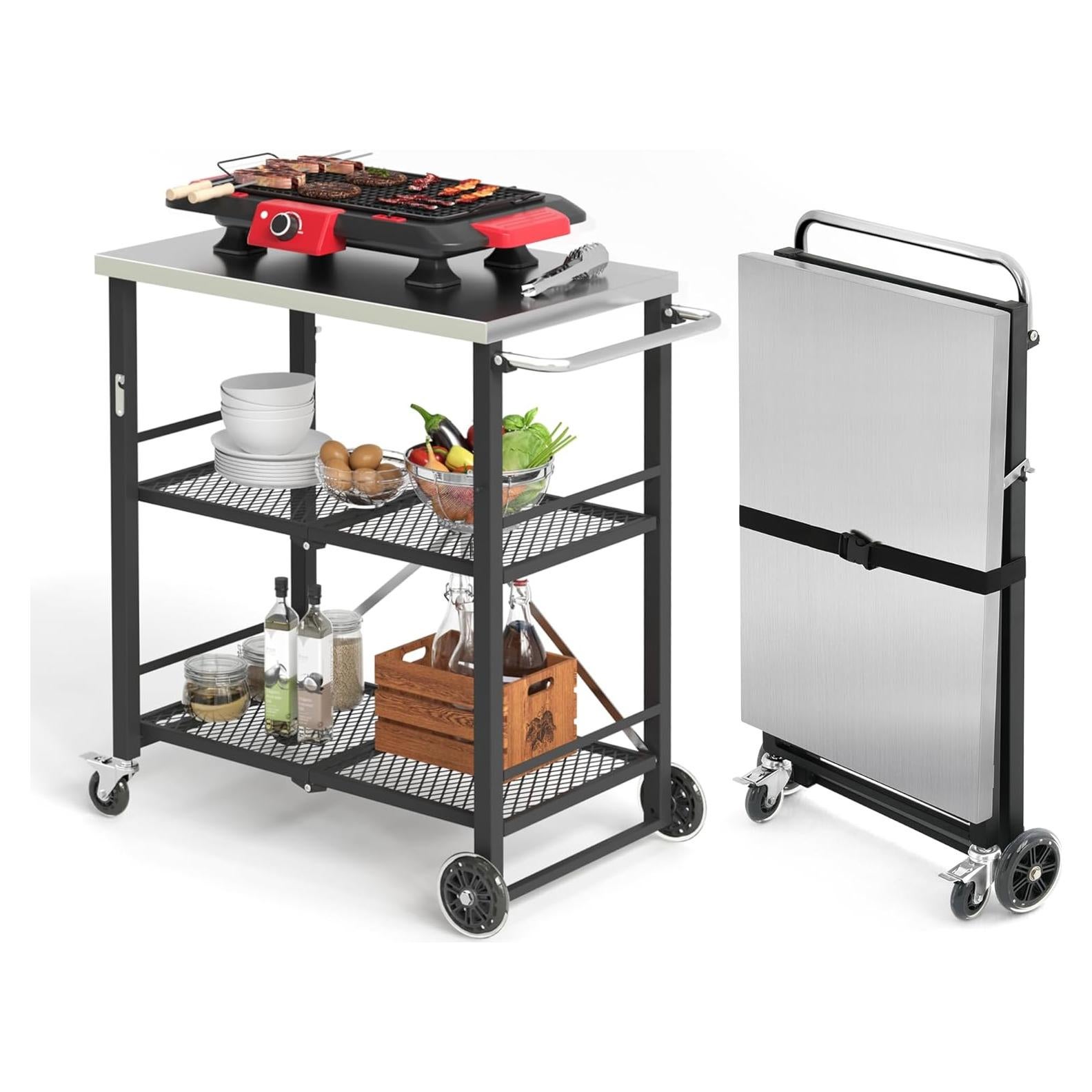 Carrito de Parrilla Plegable LUE BONA 3 Estantes Acero Inoxidable