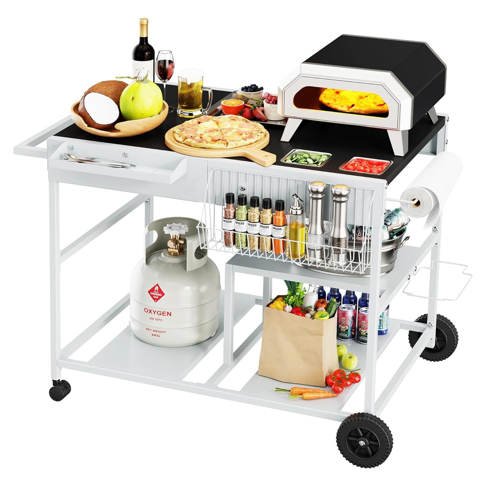 Mesa para Horno de Pizza JY QAQA con Estante y Toppings 62.5x95.7cm