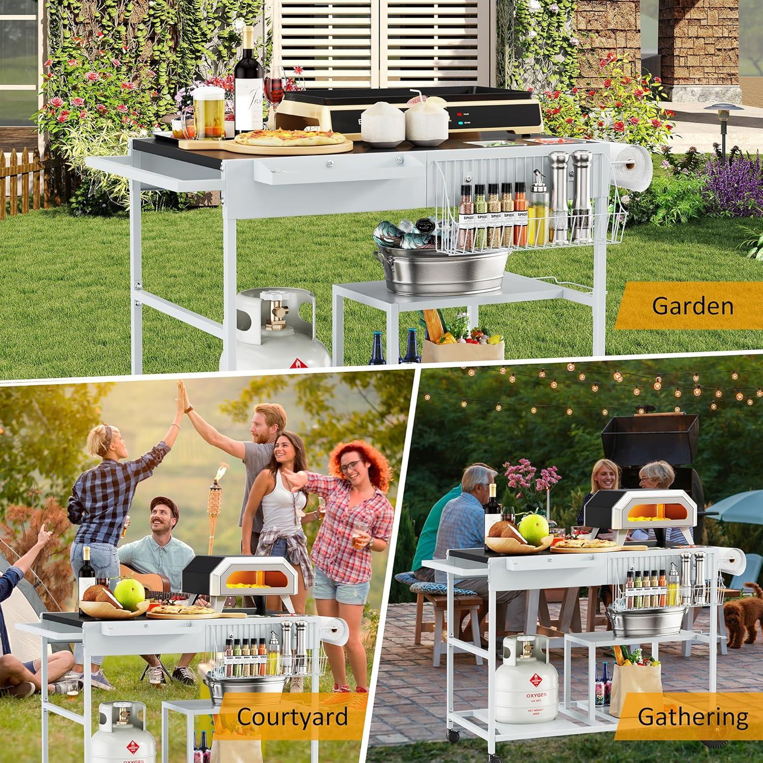 Mesa para Horno de Pizza JY QAQA con Estante y Toppings 62.5x95.7cm