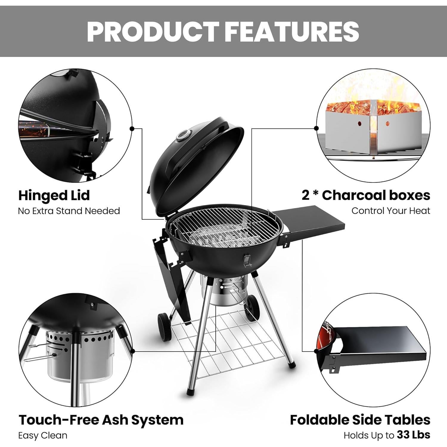 Parrilla de Carbón Ciokea 22" Portátil con Mesa y Cubierta