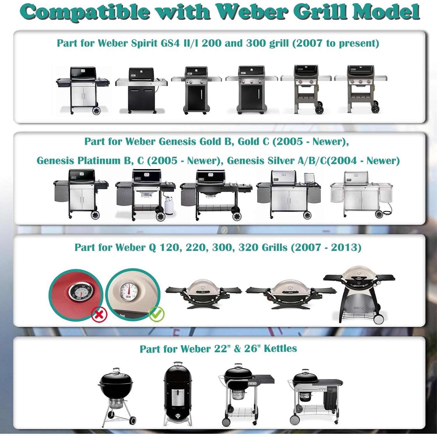60540 7581 67031 Grill Lid Thermometer for Weber Charcoal, Spirit, Q Grill, Temperature Gauge for Spirit I & II 200 and 300 Series, Weber 22" Kettles, Q 120/220/300/320, Traveler Portable Gas Grill