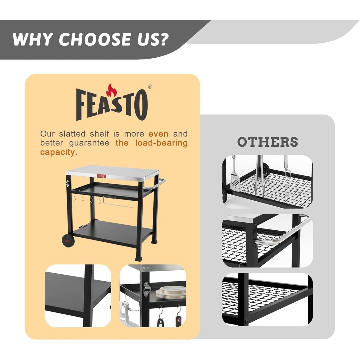 Mesa de Parrilla Móvil Feasto de Acero Inoxidable 3 Estantes