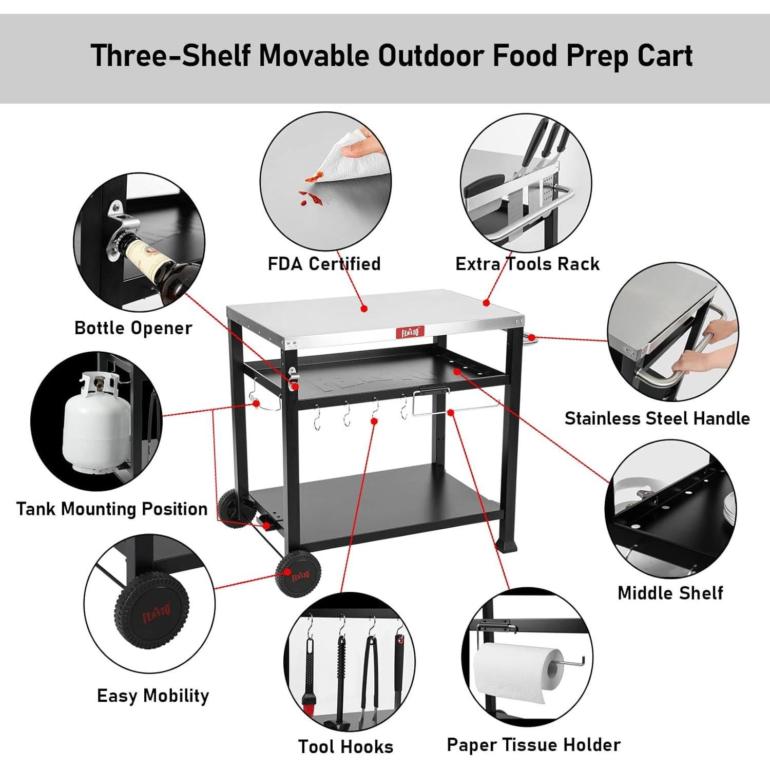 Mesa de Parrilla Móvil Feasto de Acero Inoxidable 3 Estantes