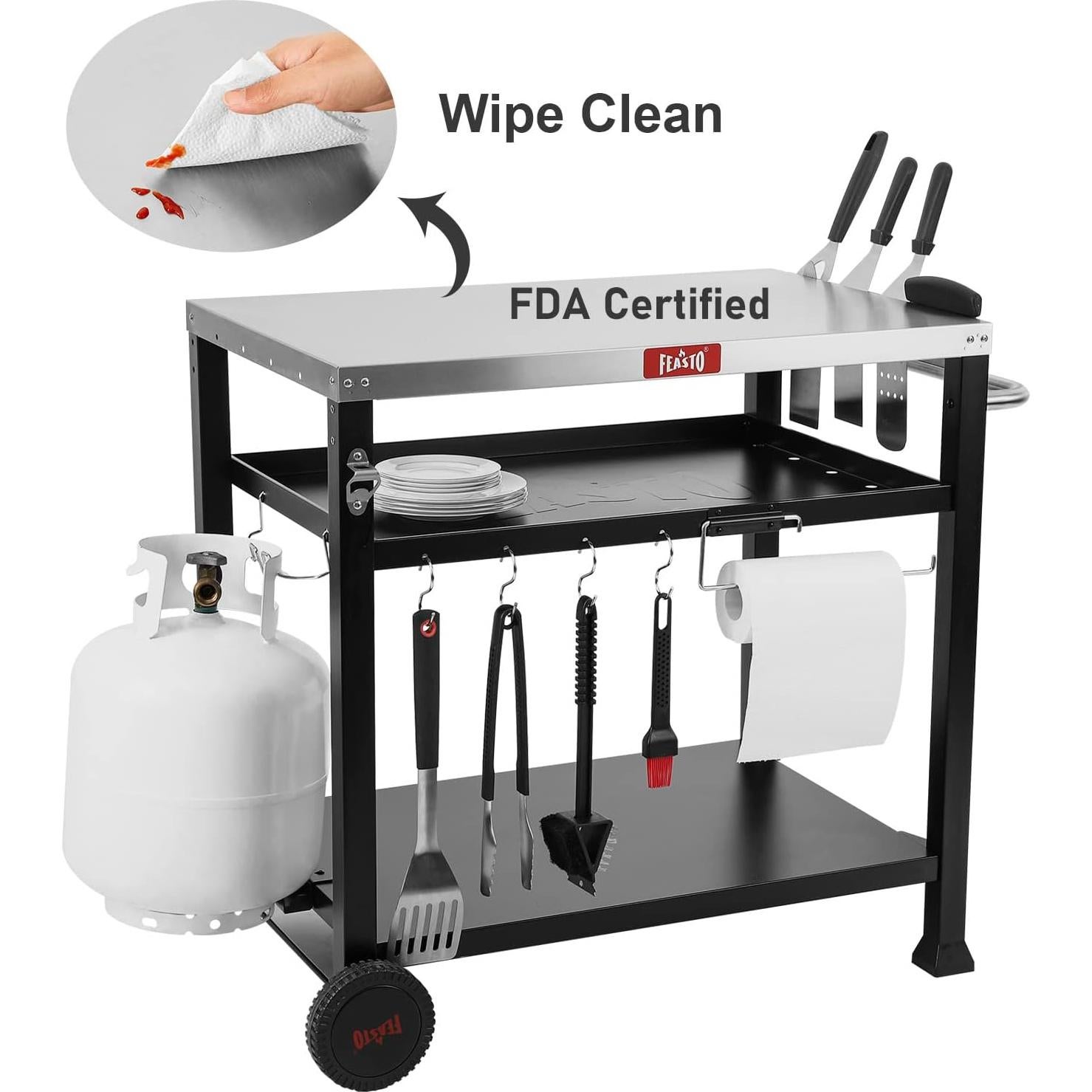 Mesa de Parrilla Móvil Feasto de Acero Inoxidable 3 Estantes