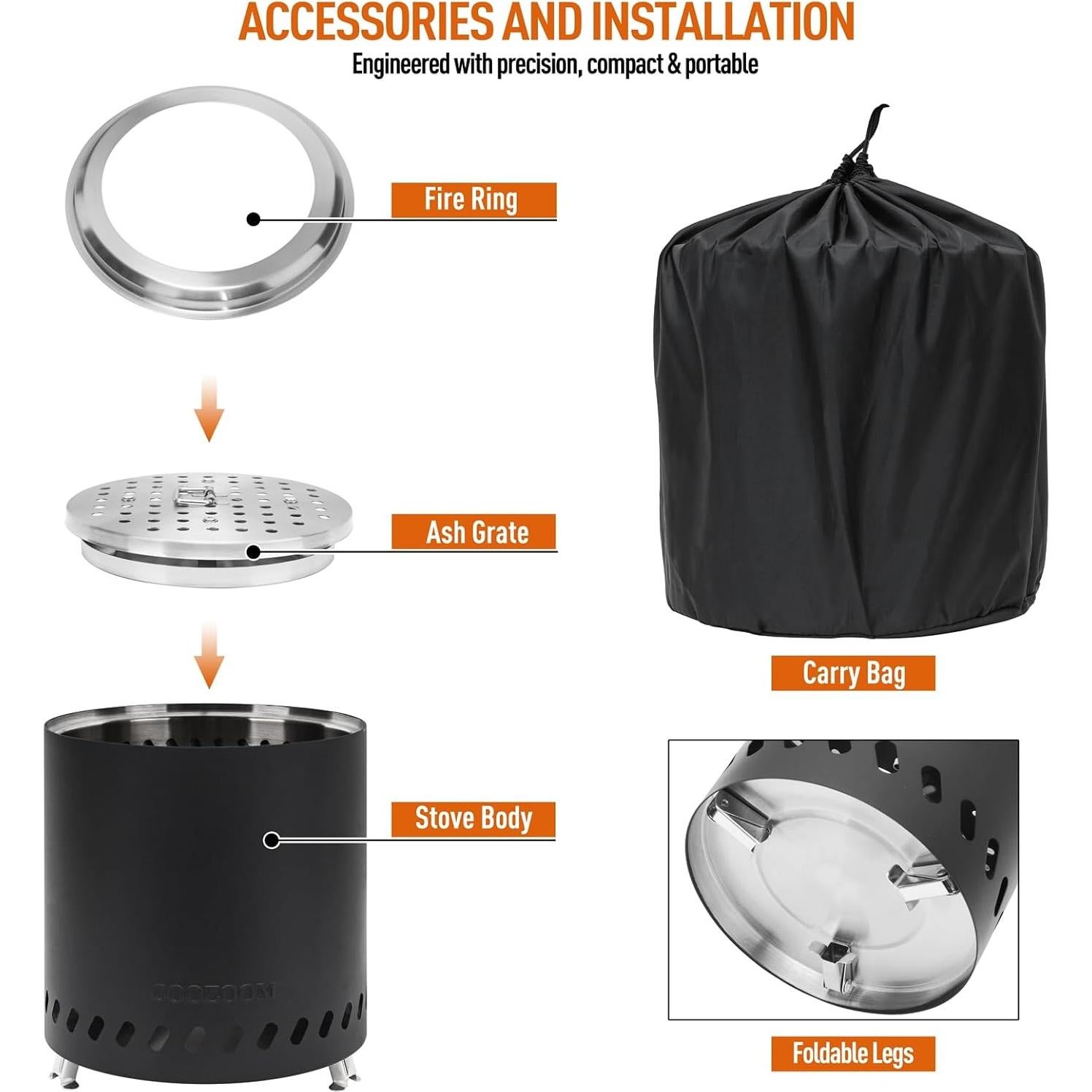 Hoguera de Mesa Portátil COOZOOM 22 cm Acero Inoxidable Bajo Humo