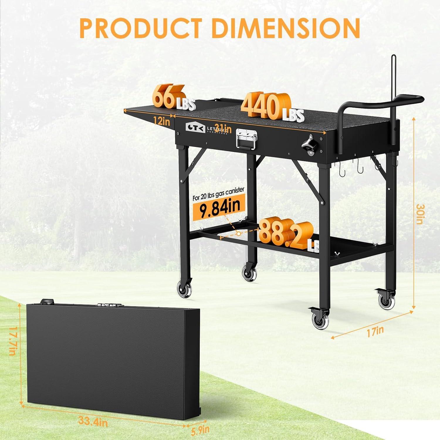 Carrito de Parrilla Plegable Leteuke Negro para BBQ 109x43cm