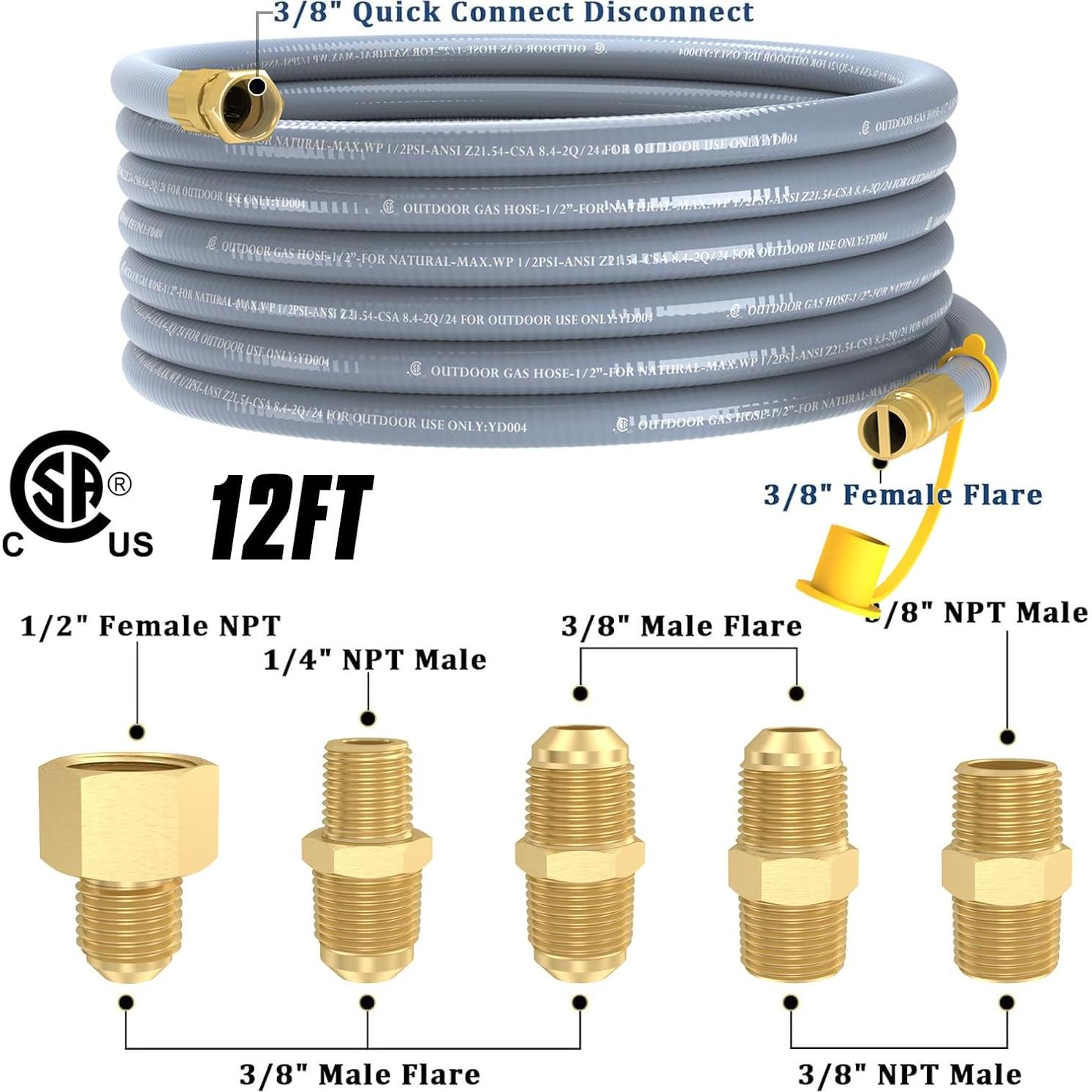Manguera de Gas Natural 12FT GardenNow 3/8" con Adaptadores