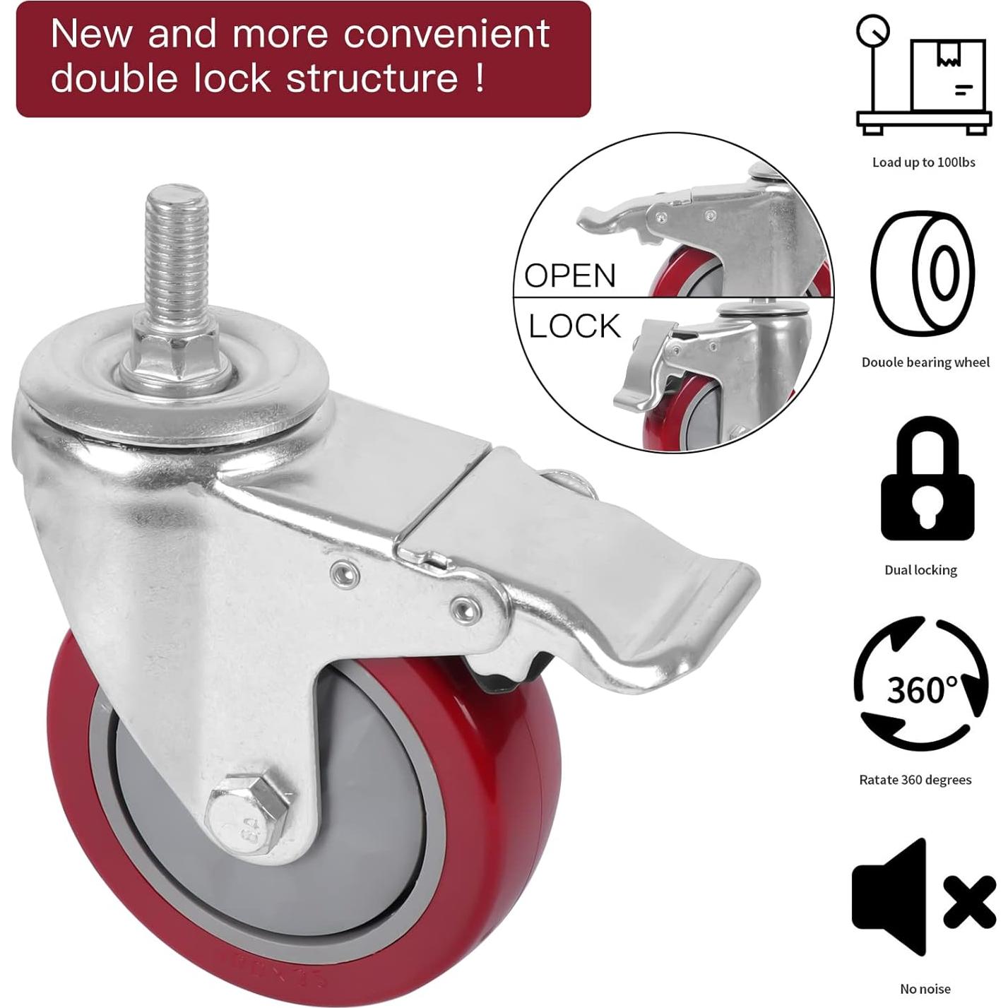 Ruedas de Casters DICASAL 3" PVC Rojo con Freno Doble Bloqueo