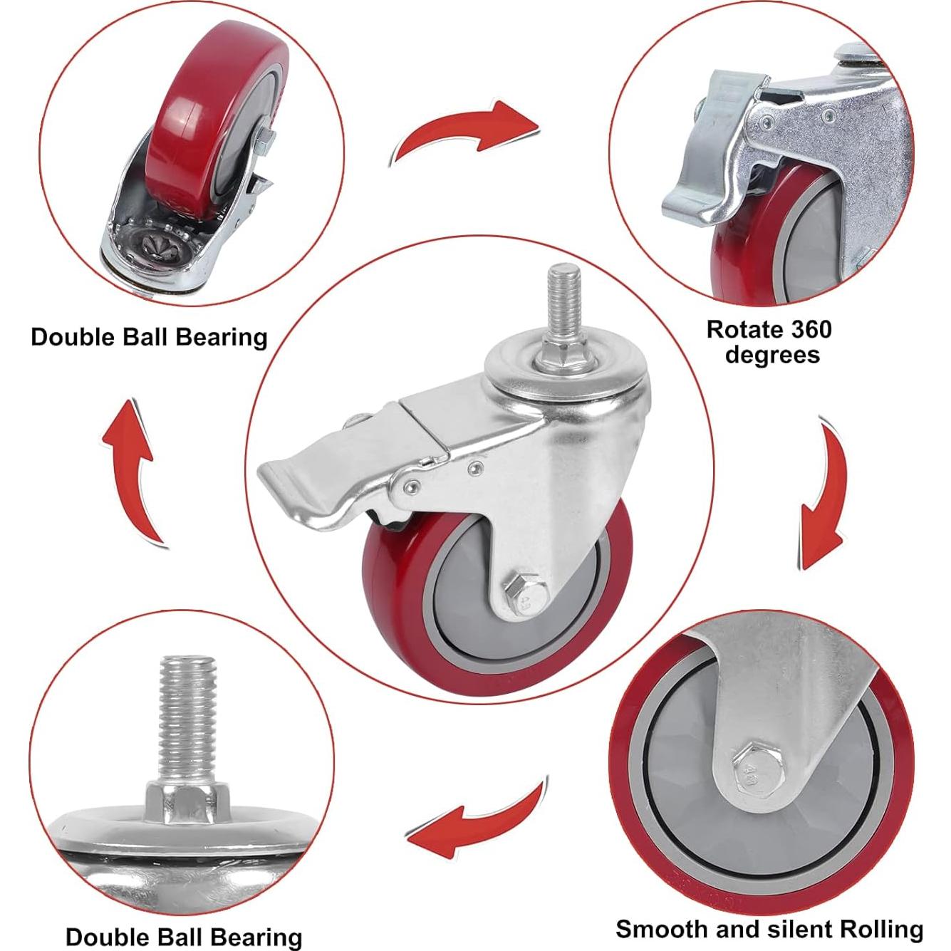 Ruedas de Casters DICASAL 3" PVC Rojo con Freno Doble Bloqueo