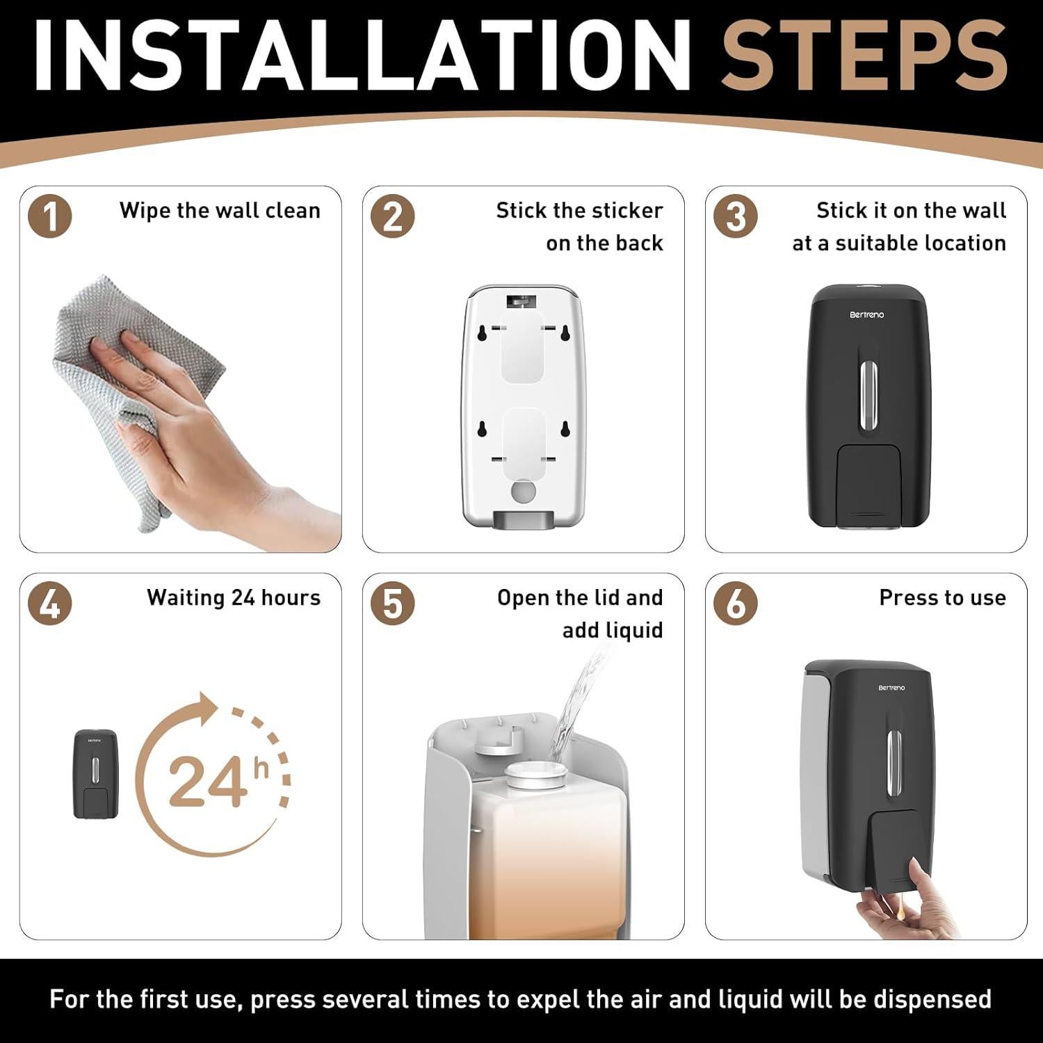 Dispensador de Jabón Manual Bertreno 800ml Montaje en Pared Negro