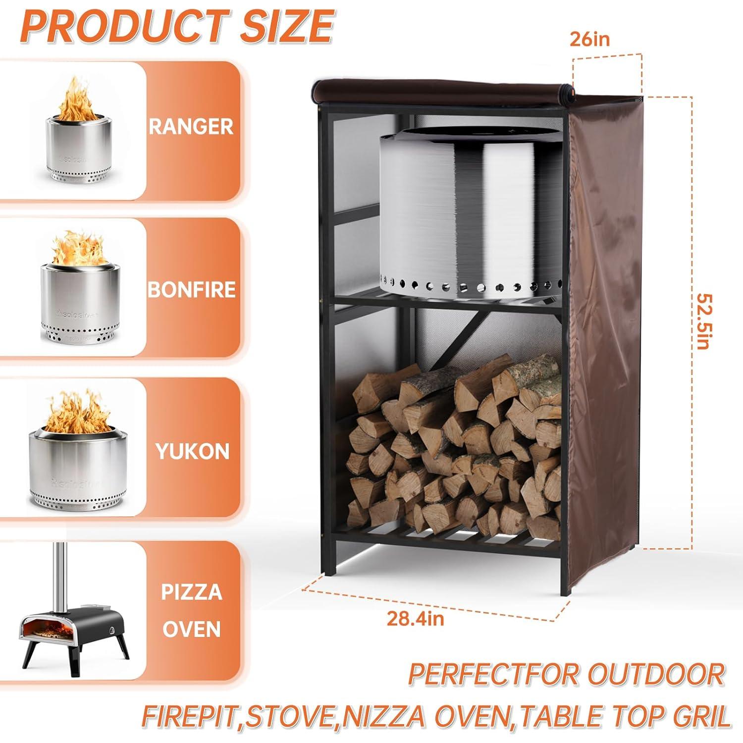 Storage Station 4.5ft for Solo Stove Yukon, Bonfire, Ranger and other Fire Pit Stove, Firewood Storage Cabinet with Waterproof Cover for Patio Logs Fire Pit Accessories Camping and Backyard Use