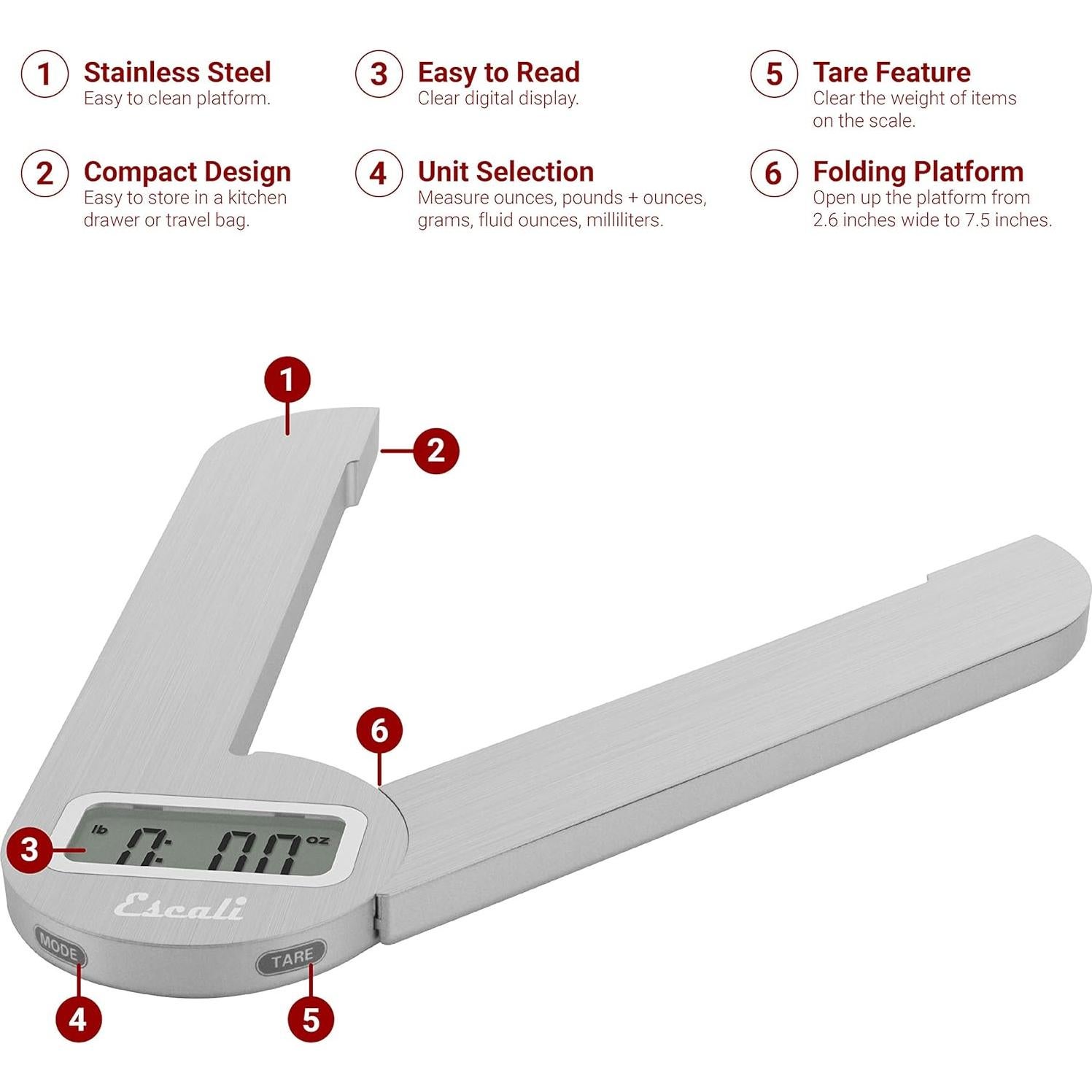 Balanza de Cocina Escali F115 Plegable 5 kg Acero Inoxidable