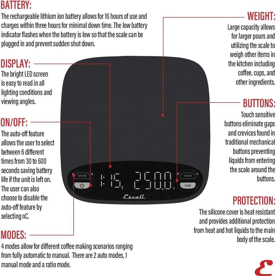 Balanza de Café Escali Versi 3000g Recargable LED Negra