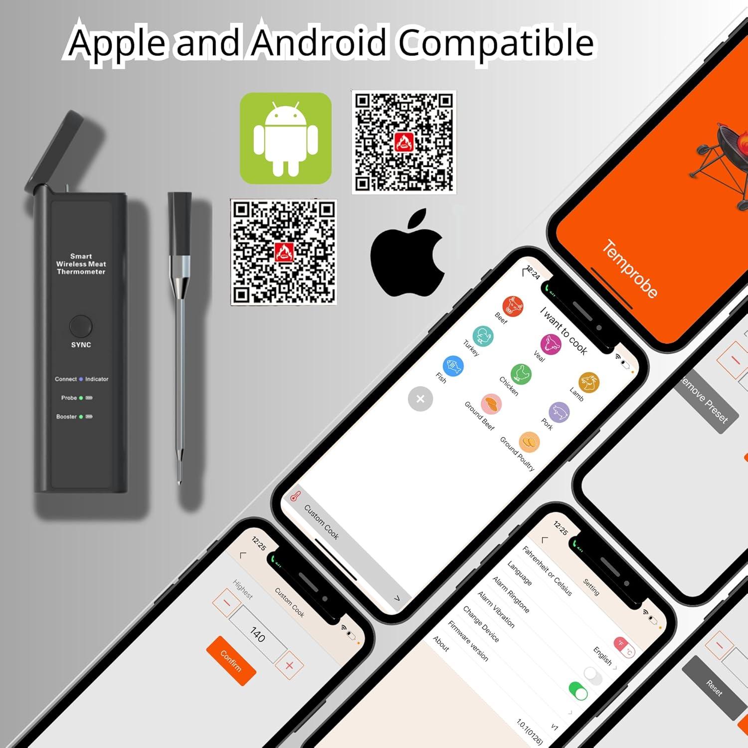 Termómetro Inalámbrico Inteligente Bluetooth - Acero Inoxidable, IPX7, 1-2s