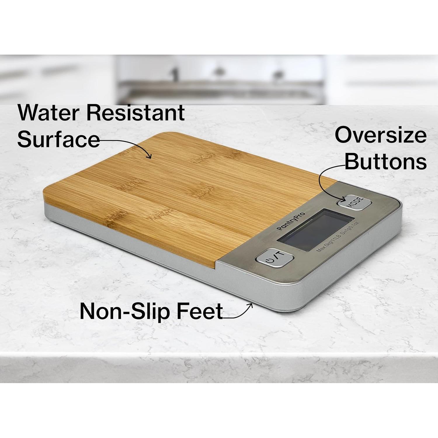 Báscula Digital de Cocina PantryPro - 5 kg, Pantalla LCD, Bambú