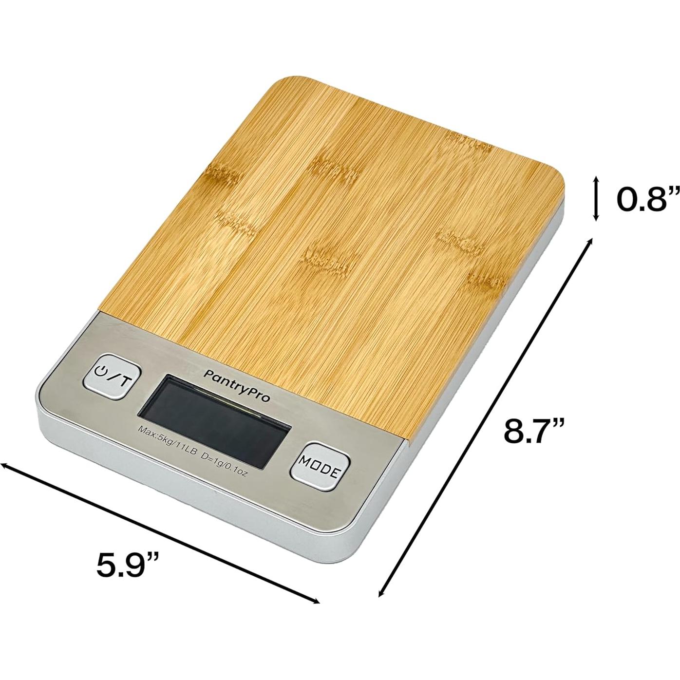 Báscula Digital de Cocina PantryPro - 5 kg, Pantalla LCD, Bambú