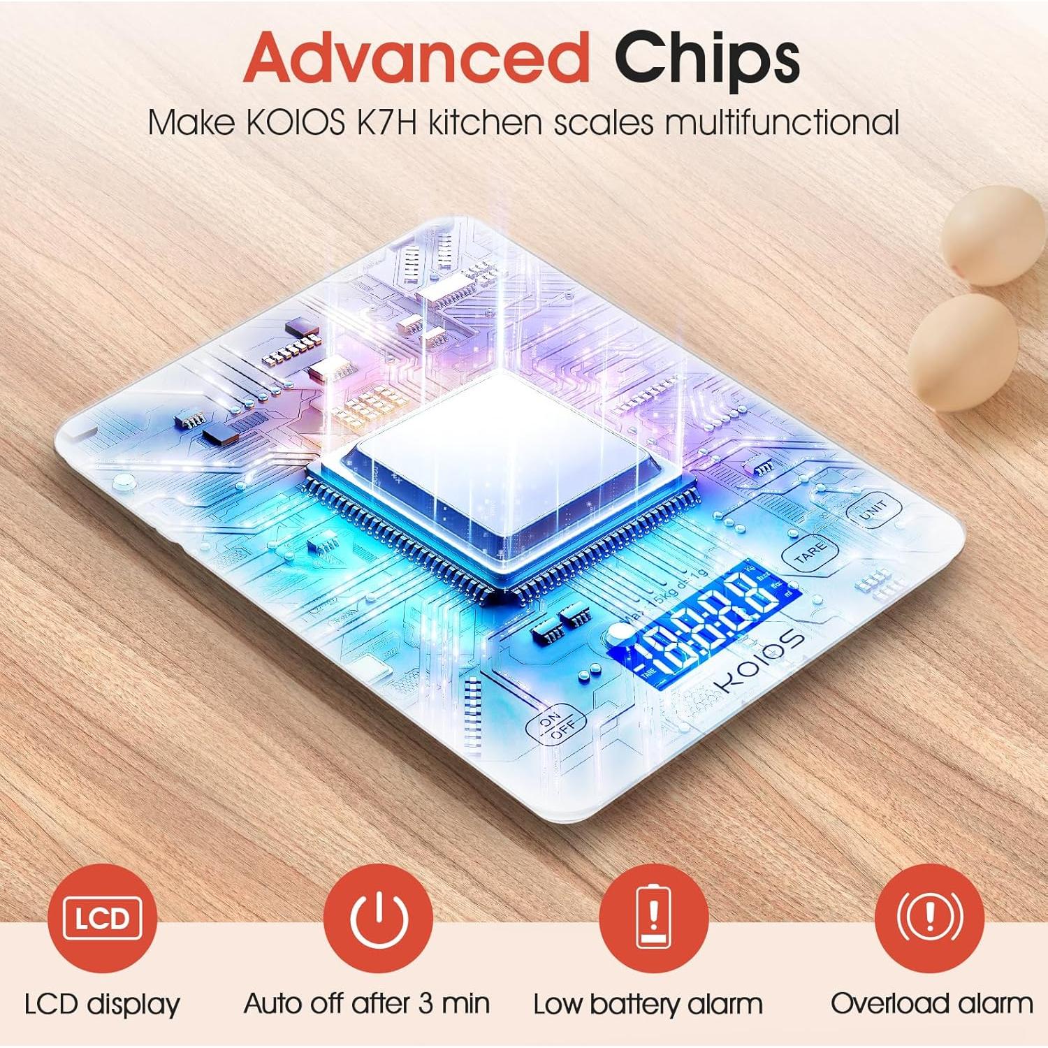 Balanza de Cocina Digital KOIOS K68 15kg LCD Tare Carga Tipo-C