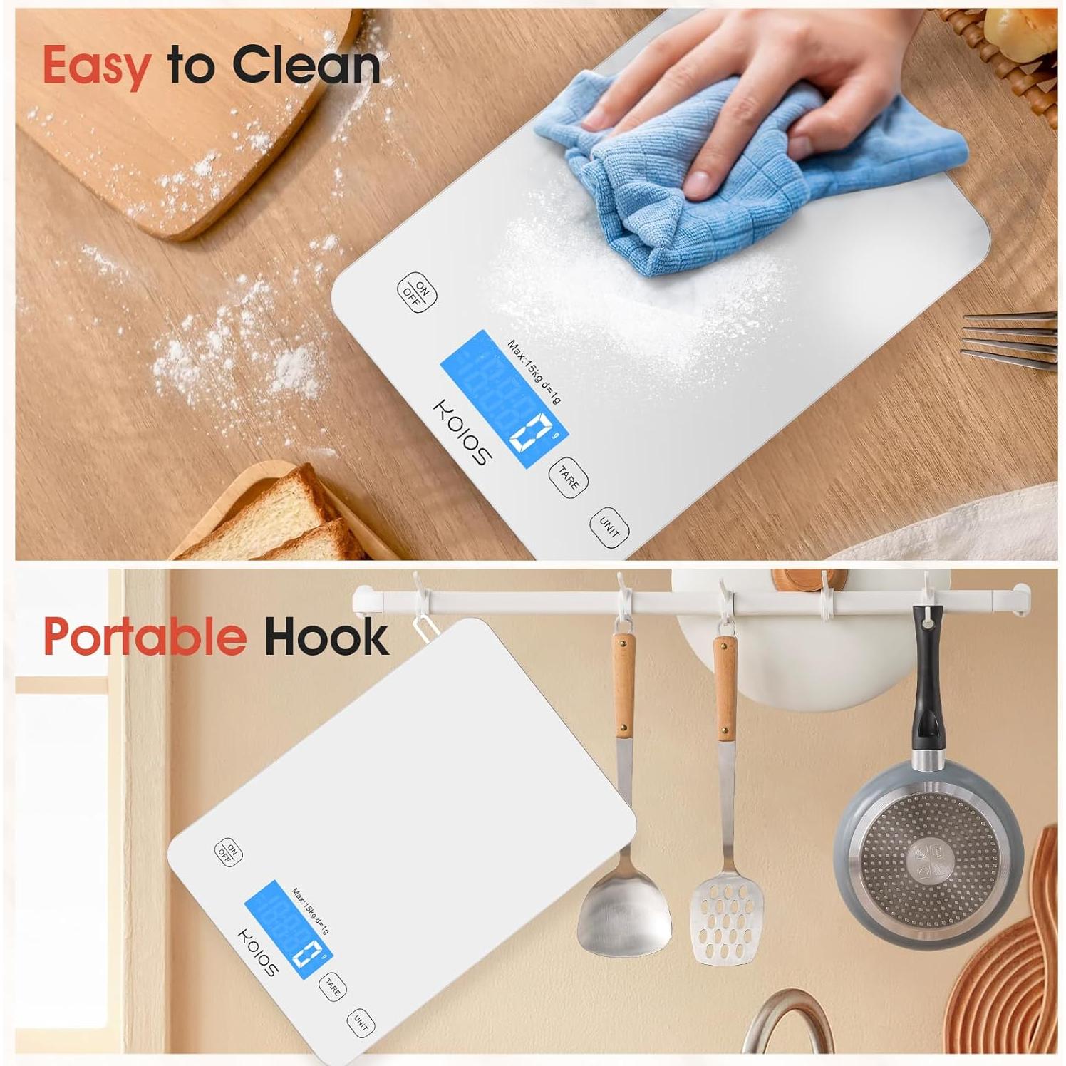 Balanza de Cocina Digital KOIOS K68 15kg LCD Tare Carga Tipo-C