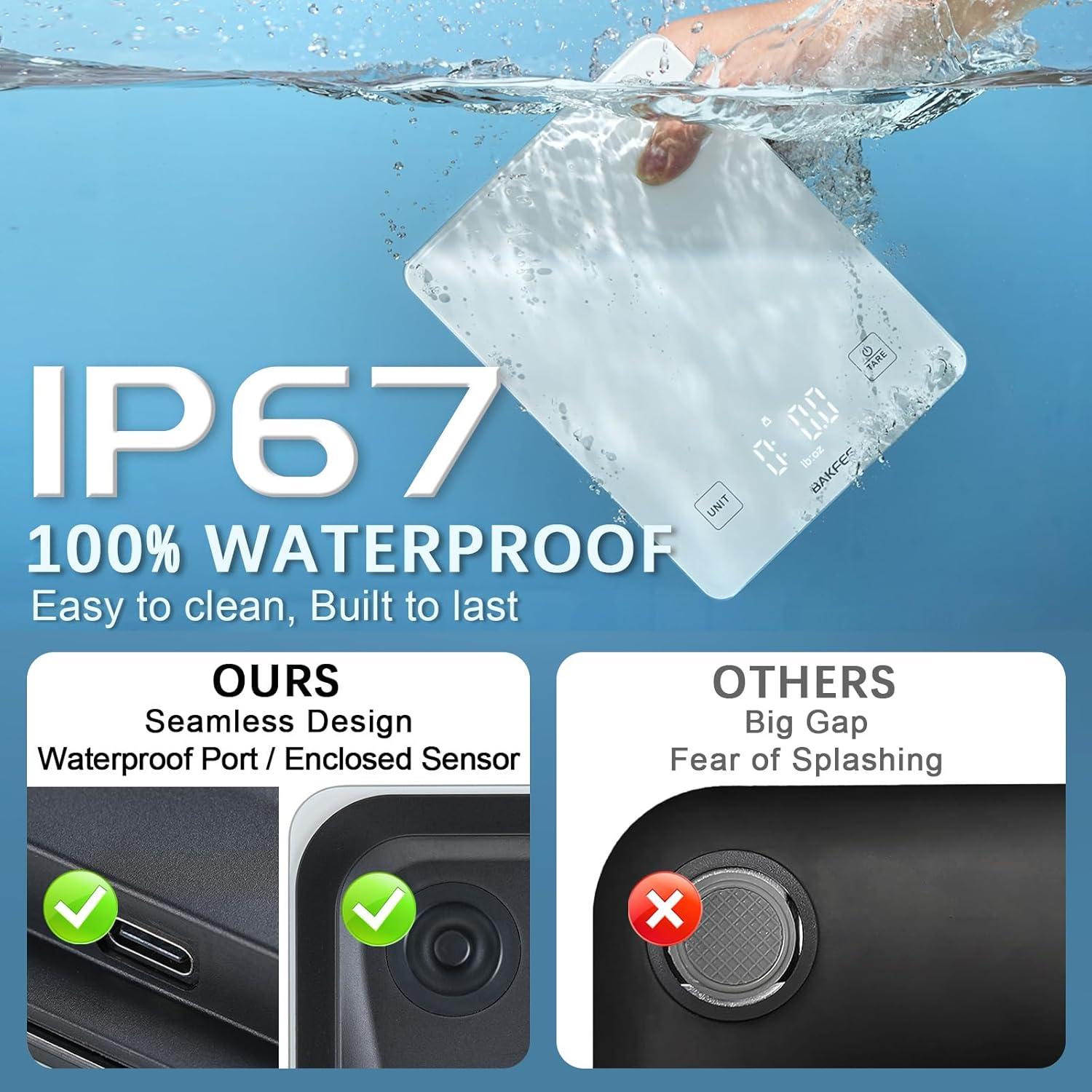 Báscula de Cocina BakFee IP67 Vidrio Templado 10kg Precisión 1g