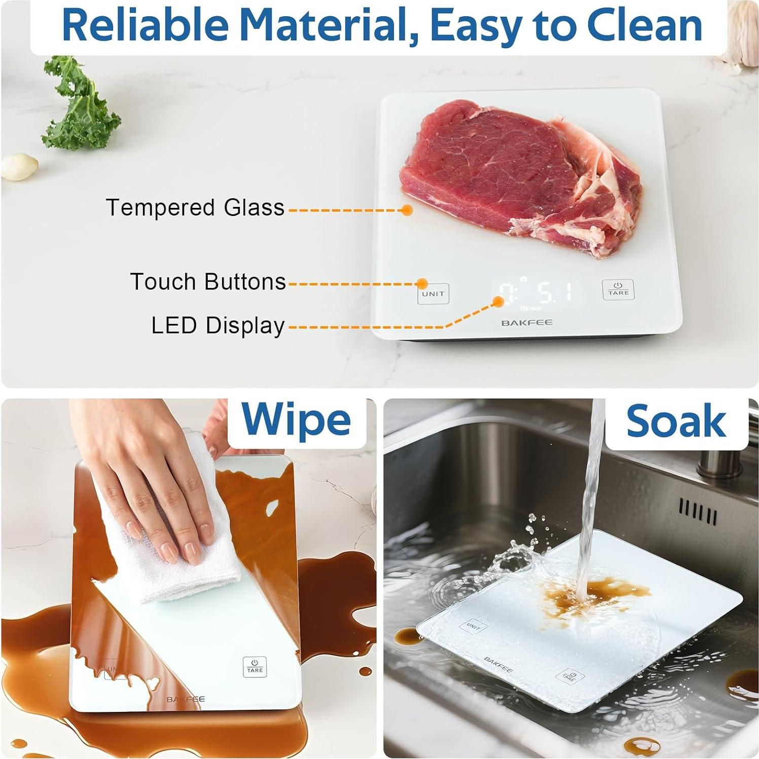 Báscula de Cocina BakFee IP67 Vidrio Templado 10kg Precisión 1g