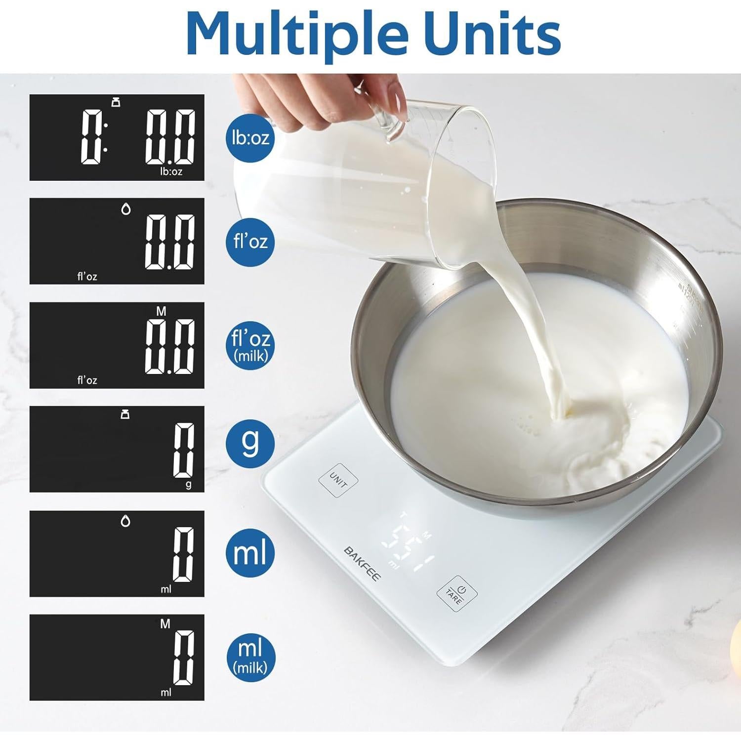 Báscula de Cocina BakFee IP67 Vidrio Templado 10kg Precisión 1g