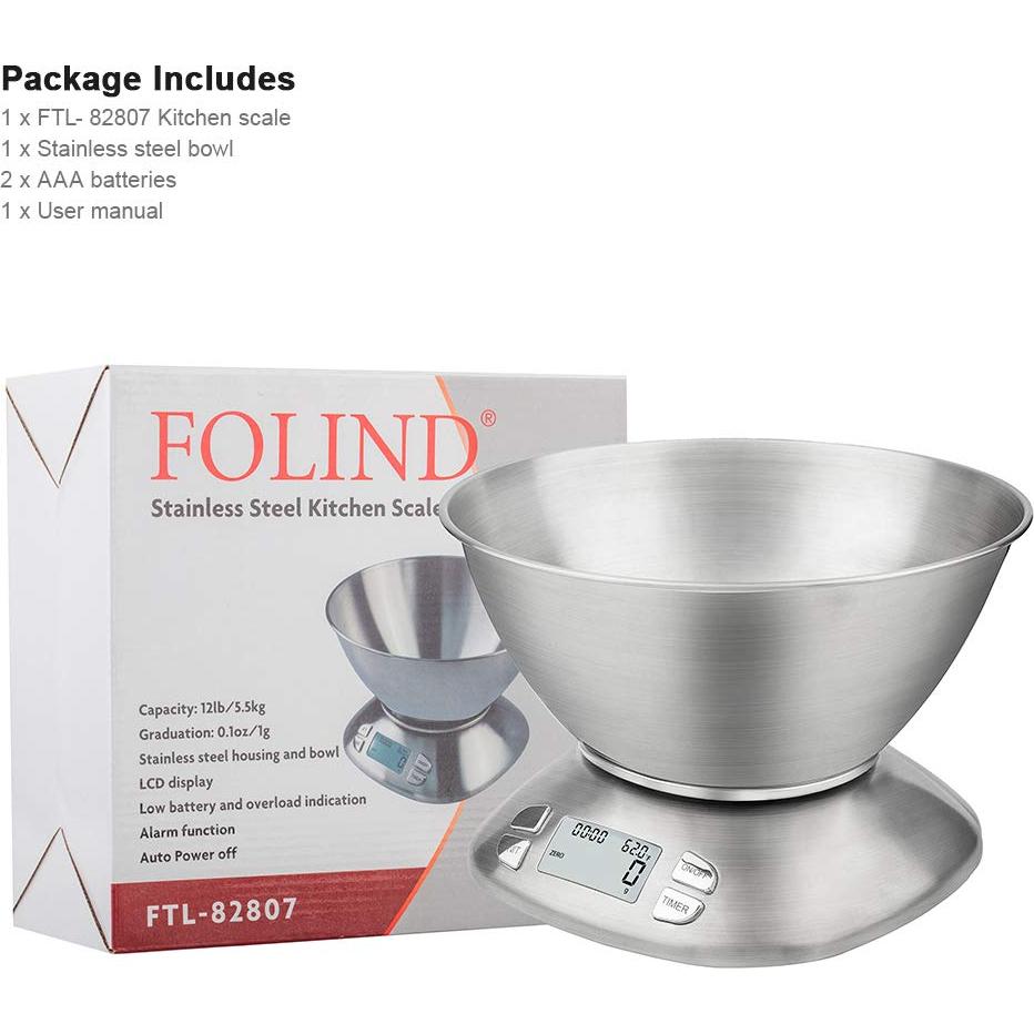 Báscula de Cocina Digital FOLIND 2.5L Acero Inoxidable 5.5kg