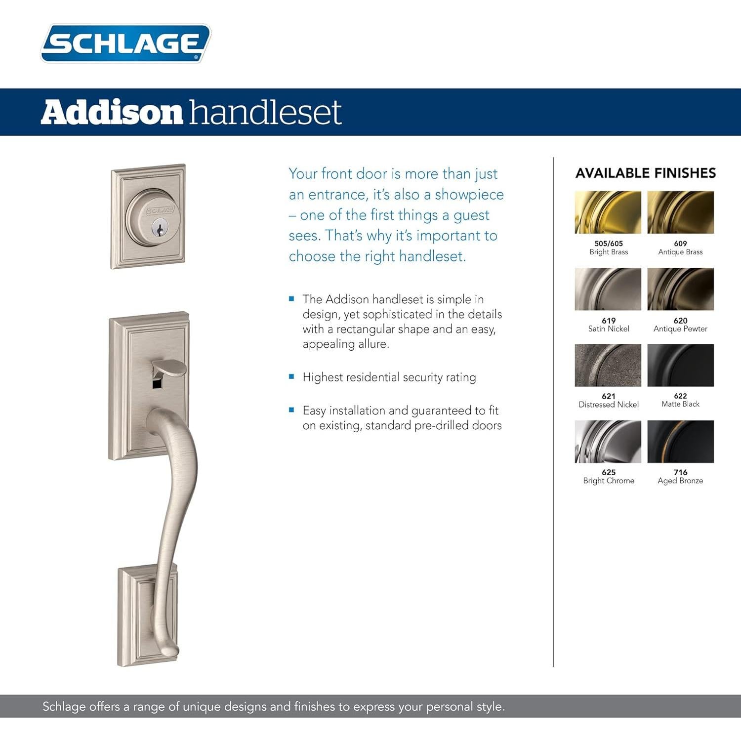 Manija de Entrada Schlage F60 V ADD 619 ACC Níquel Satinado