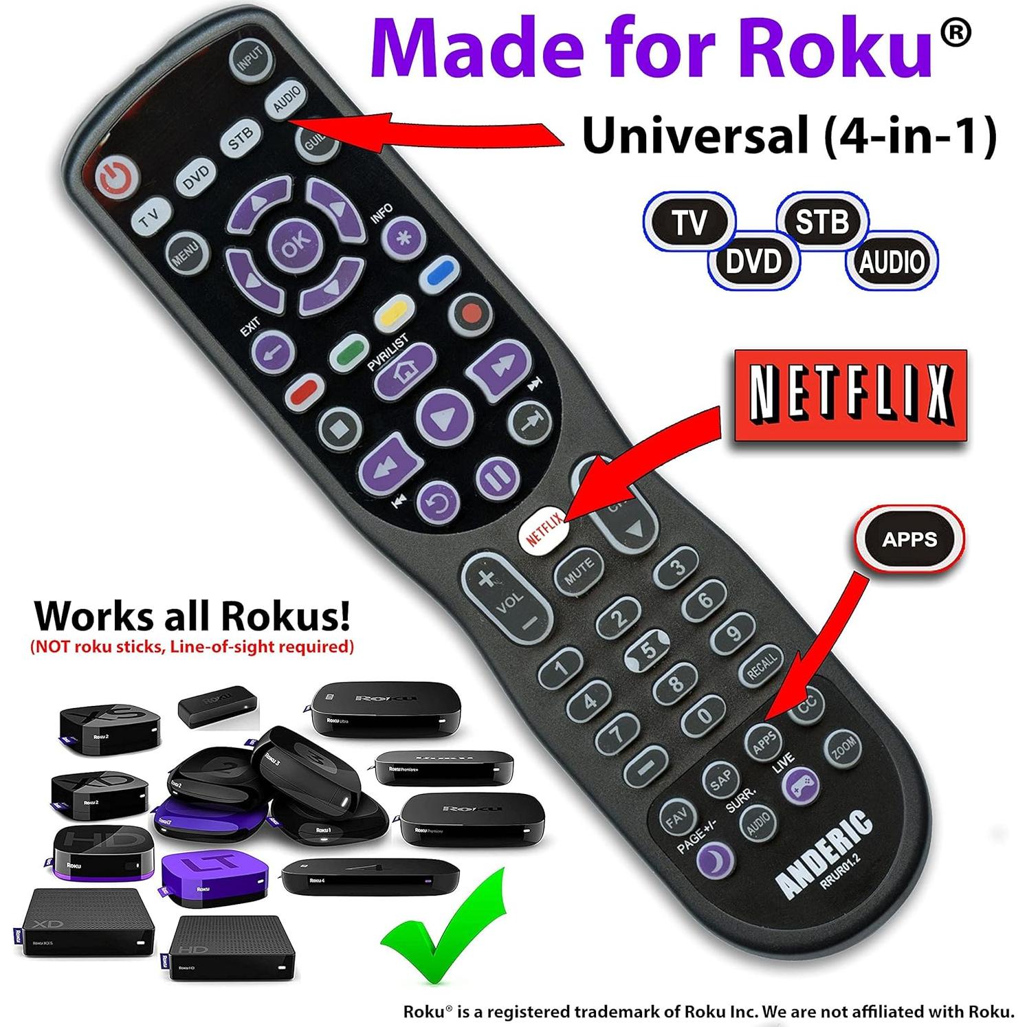 Control Remoto Universal Anderic RRUR01.4 para Roku 4 Dispositivos