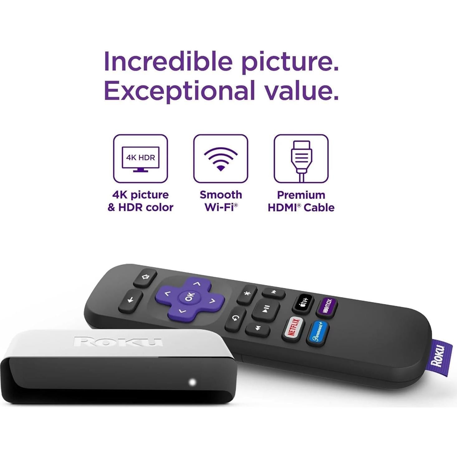 Reproductor de medios Roku Premiere 4K HDR con HDMI y control remoto
