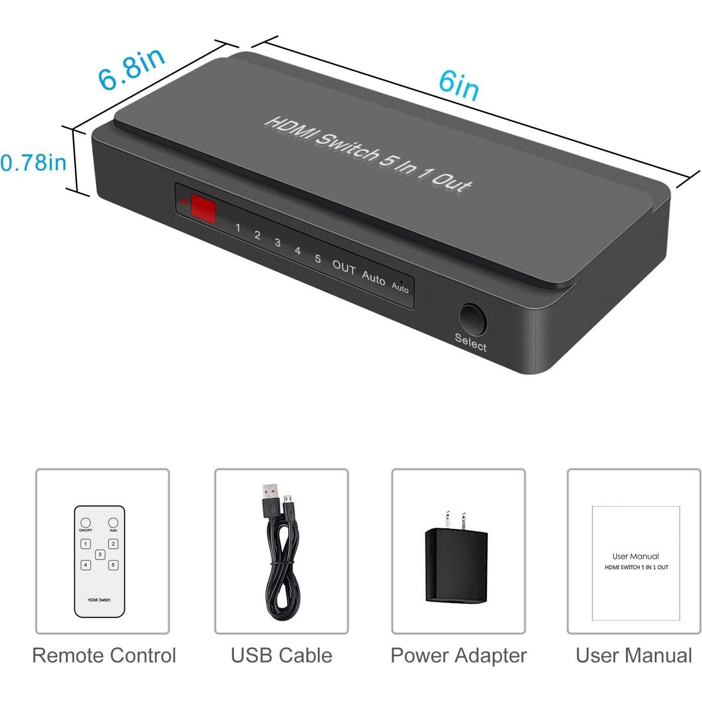 Interruptor HDMI 5 en 1 LVY 4K 30Hz con Control Remoto