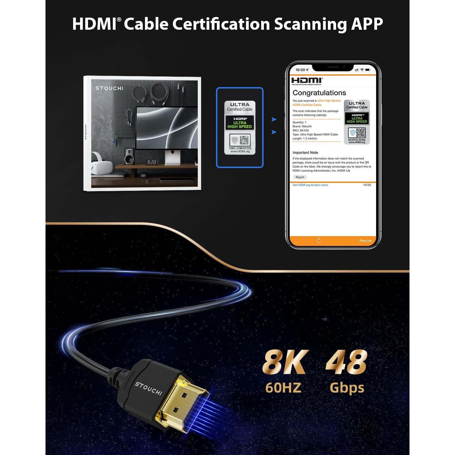 Cable HDMI Ultra Delgado Stouchi 1.5m 8K 48Gbps eARC HDR