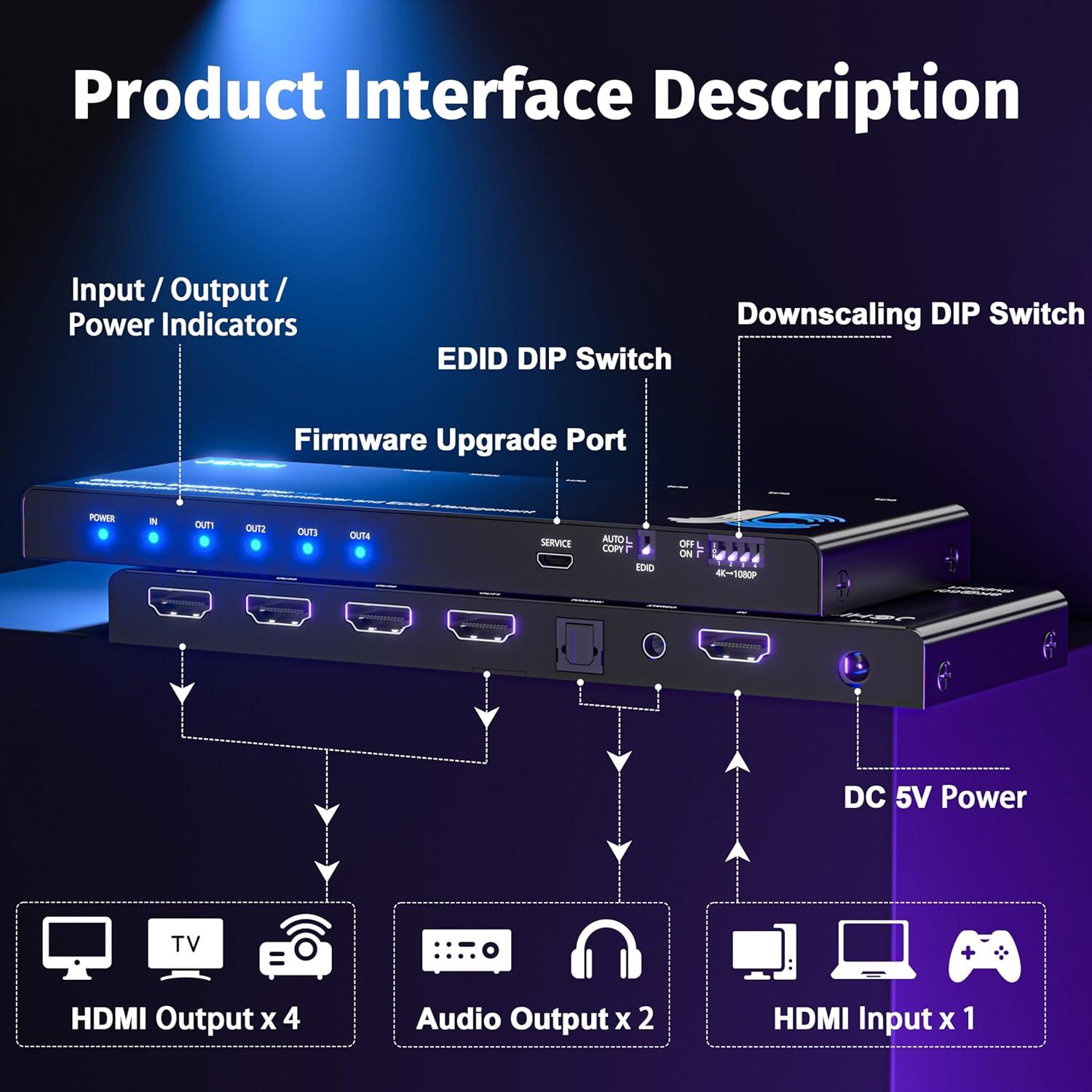 Divisor HDMI 1x4 4K@60Hz JCHICI con Extractor de Audio