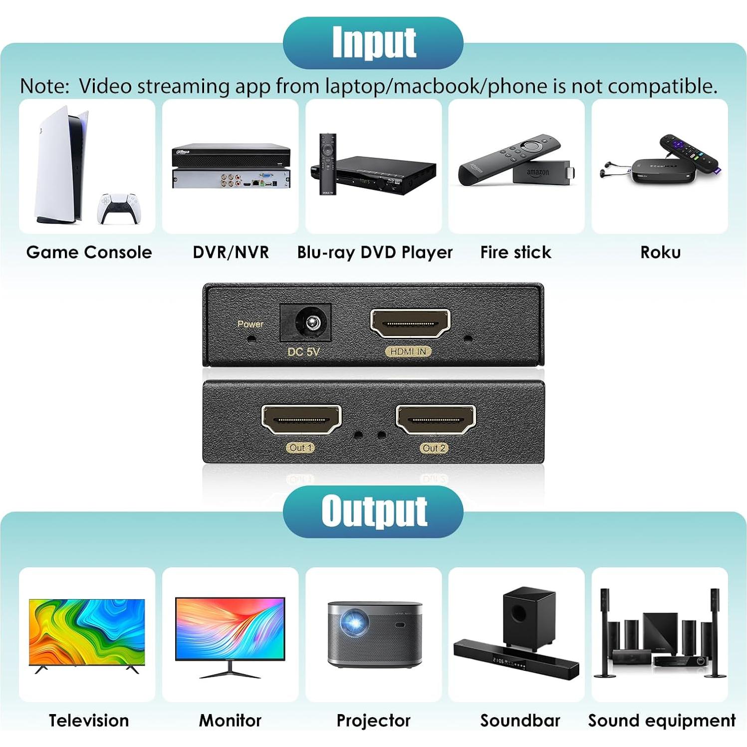 Divisor HDMI 1x2 HBAVLINK 4K 60Hz - Compatible PS5, Apple TV