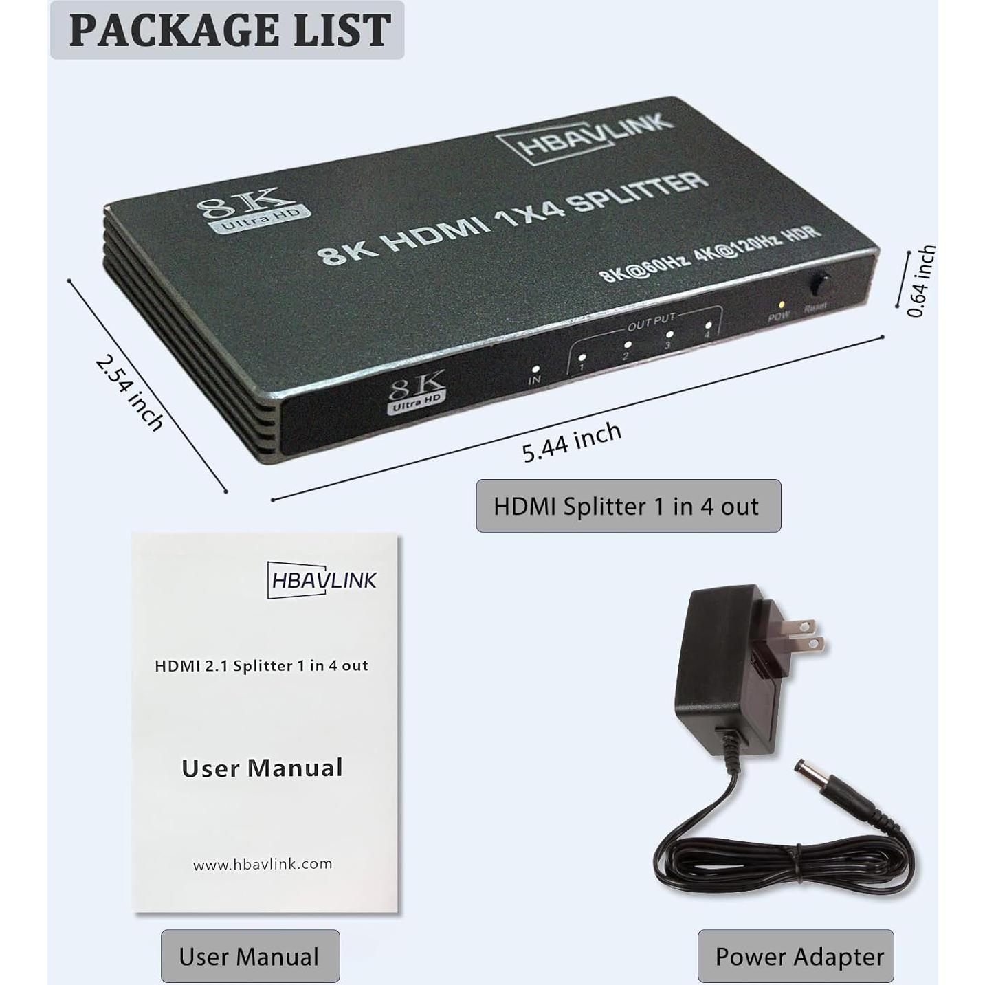 Divisor HDMI 2.1 1x4 HBAVLINK 8K 60Hz 4K 120Hz HDCP 2.3